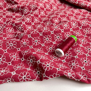 REMNANT 0.52 Metre - Embroidered Daisy Chain on Red Cotton Fabric