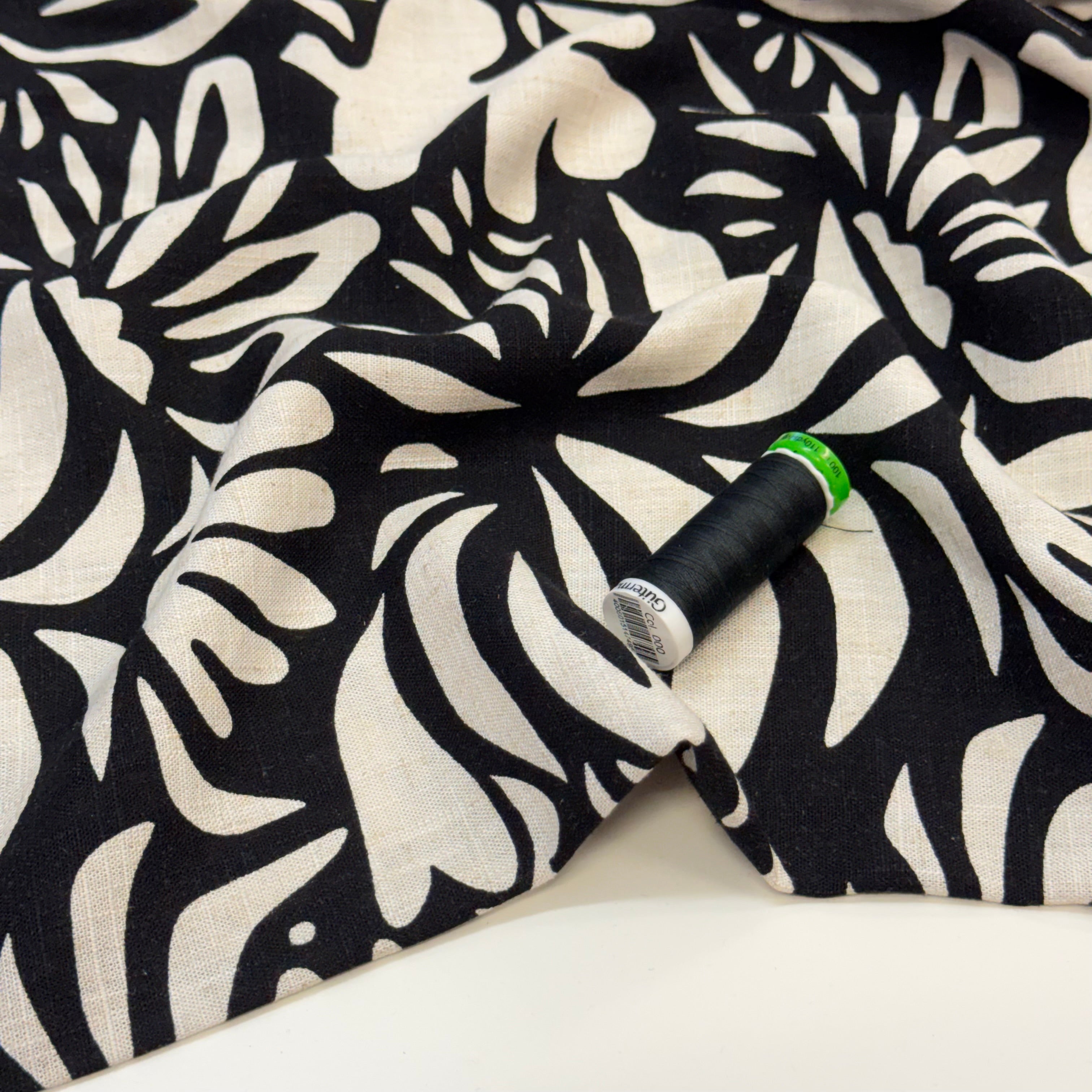 Graphic Plants Black Viscose Linen Fabric