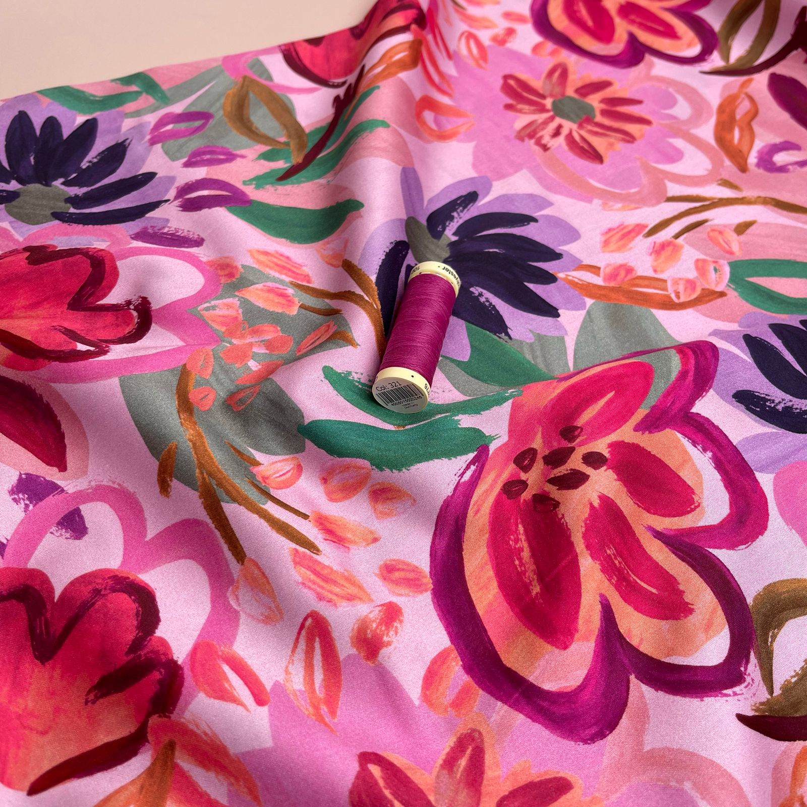 Painted Spring Garden on Pink Cotton Sateen Fabric