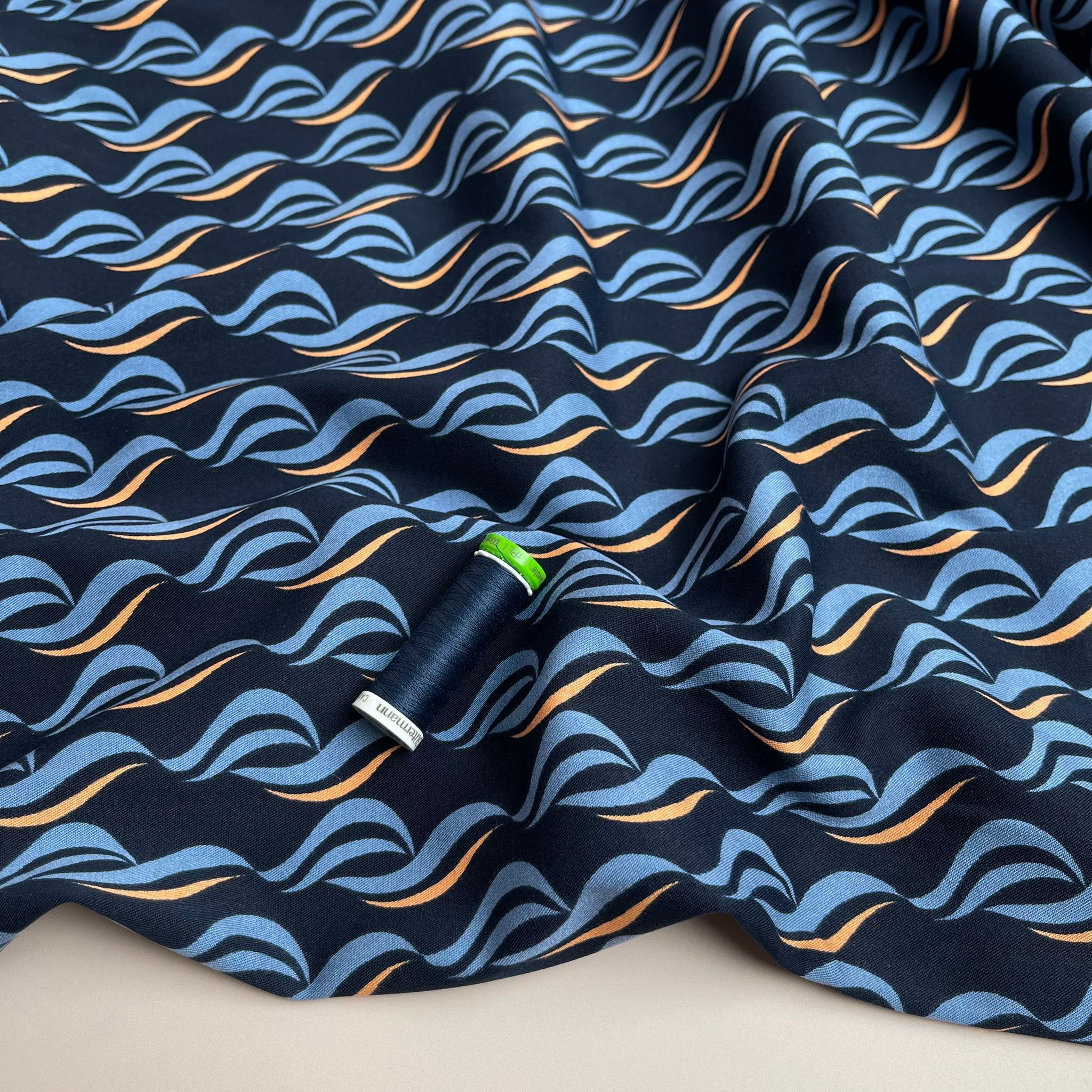 Rosella Waves on Navy Viscose Twill with Stretch