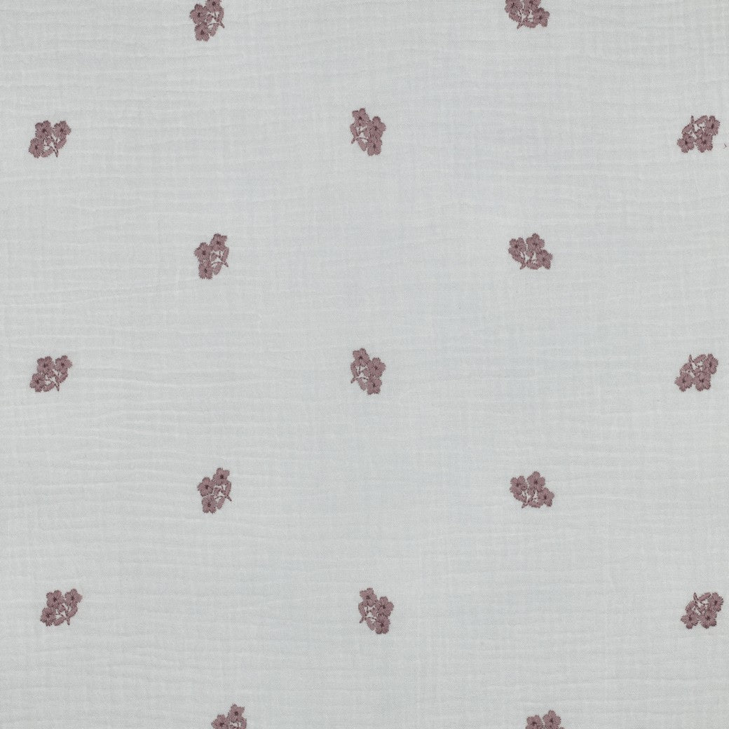 Embroidered Pink Flowers on White Cotton Double Gauze