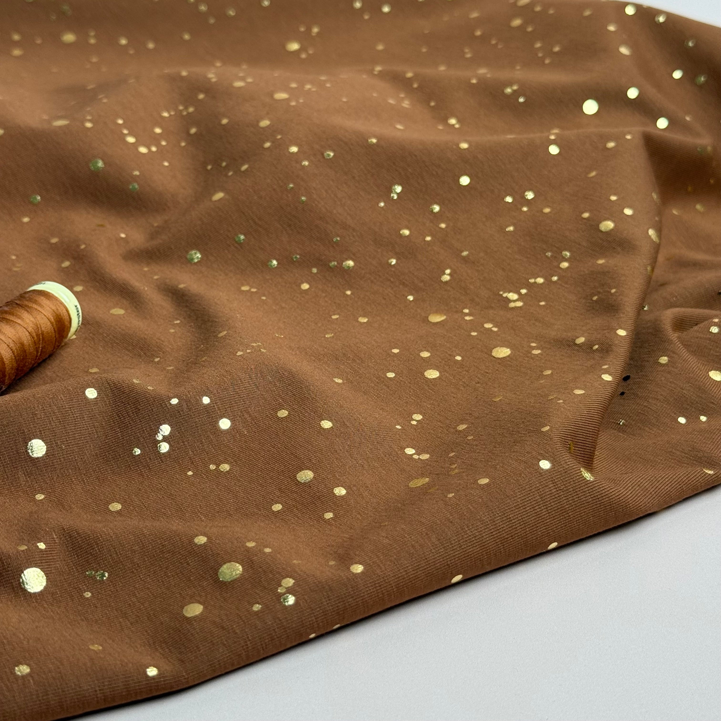 Gold Confetti on Brown Cotton Jersey Fabric