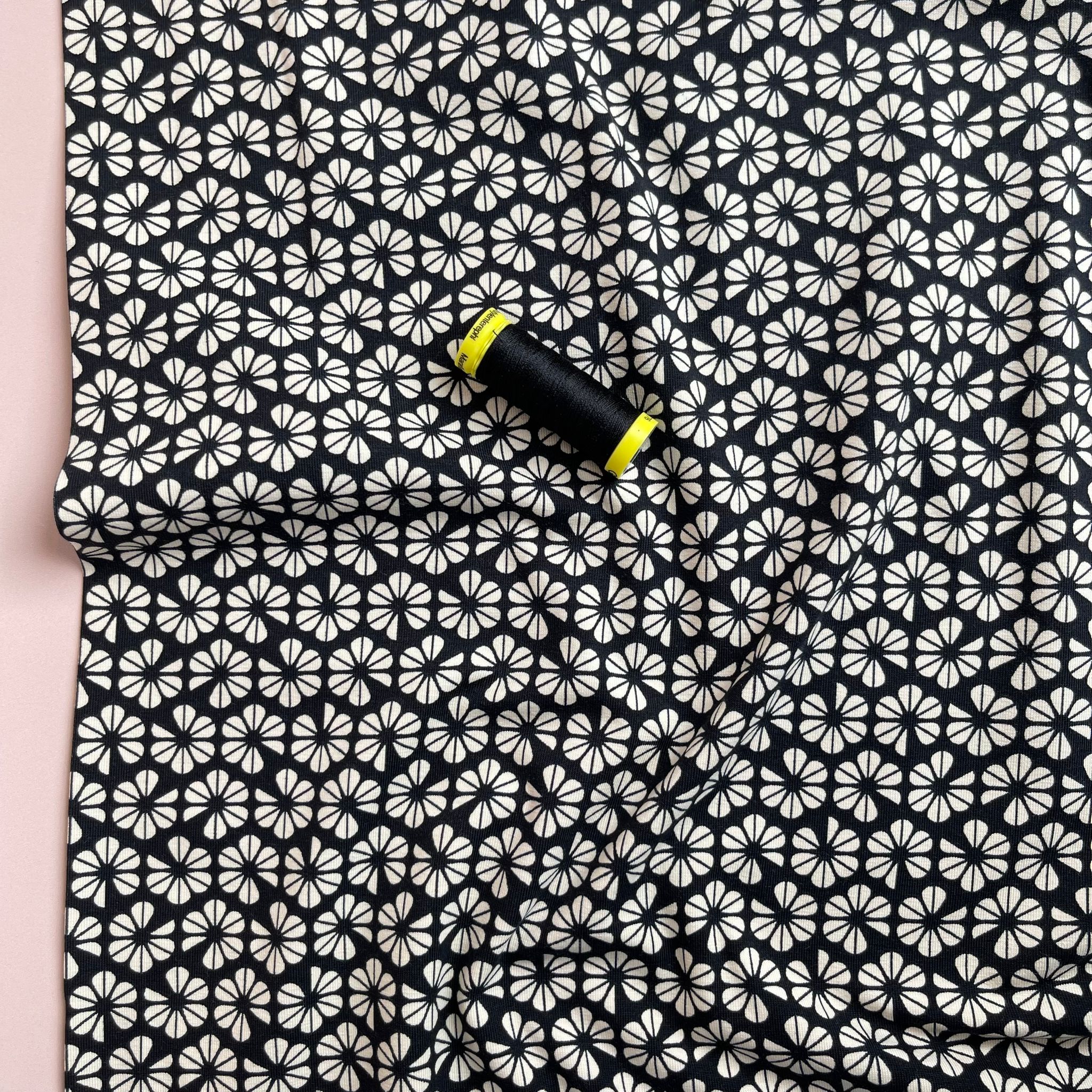 REMNANT 2.20 Metres - Graphic Pansies on Black GOTS Organic Cotton Jersey