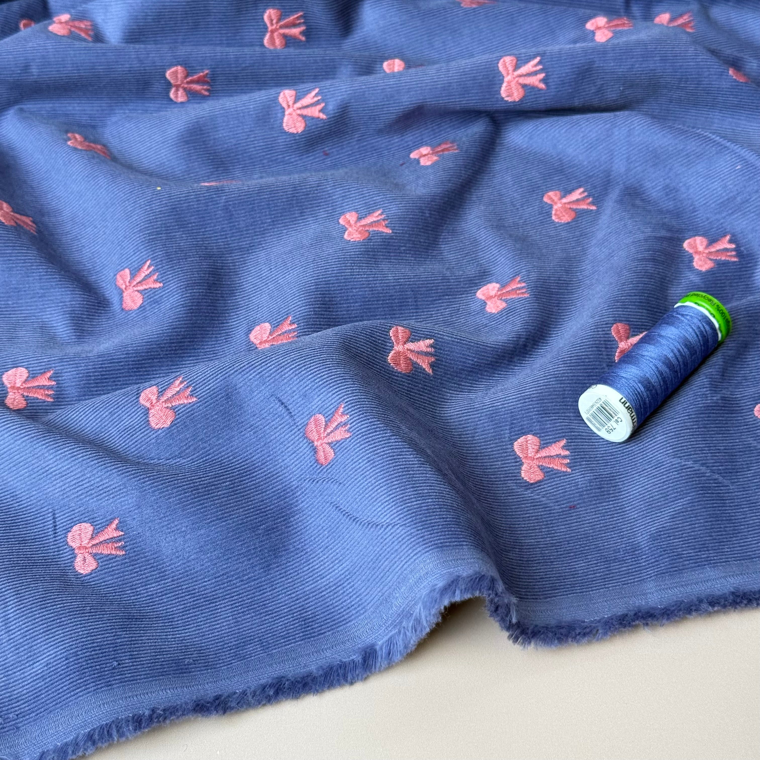 Embroidered Bows on Cornflower Blue Cotton Needlecord