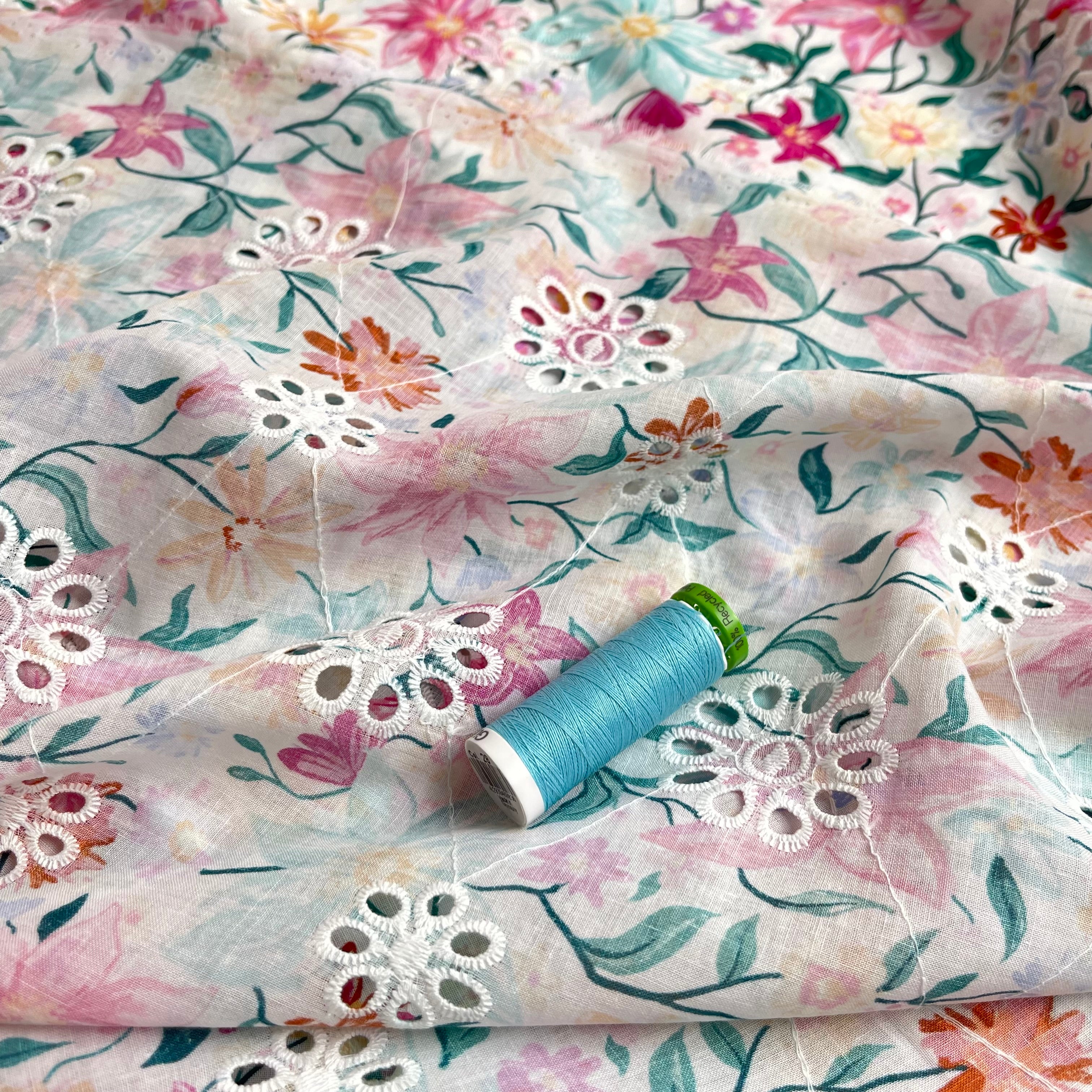 REMNANT 2.06 Metres - Spring Painted Flowers Cotton Broderie Anglaise