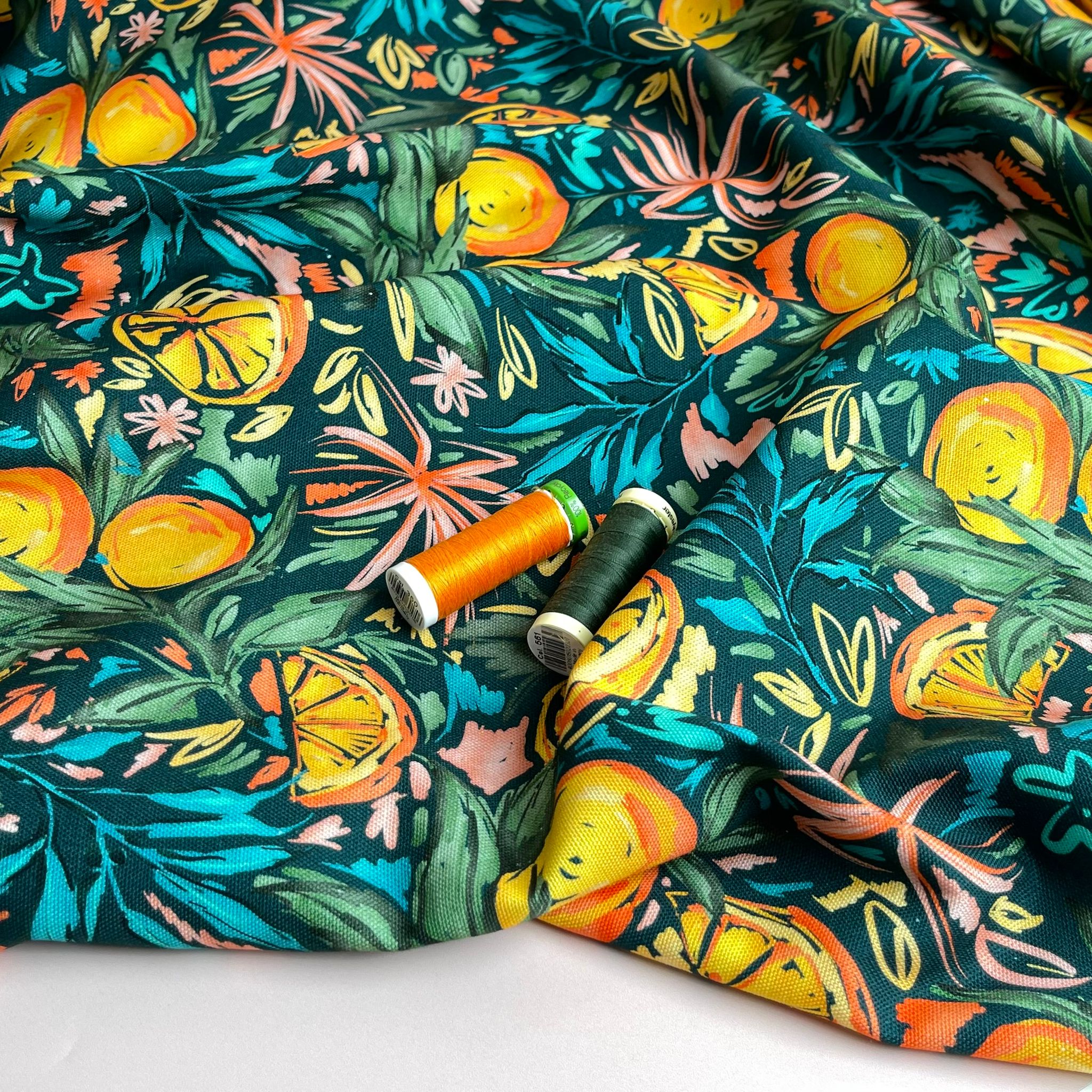 Orange Grove on Bottle Green Cotton Canvas Fabric