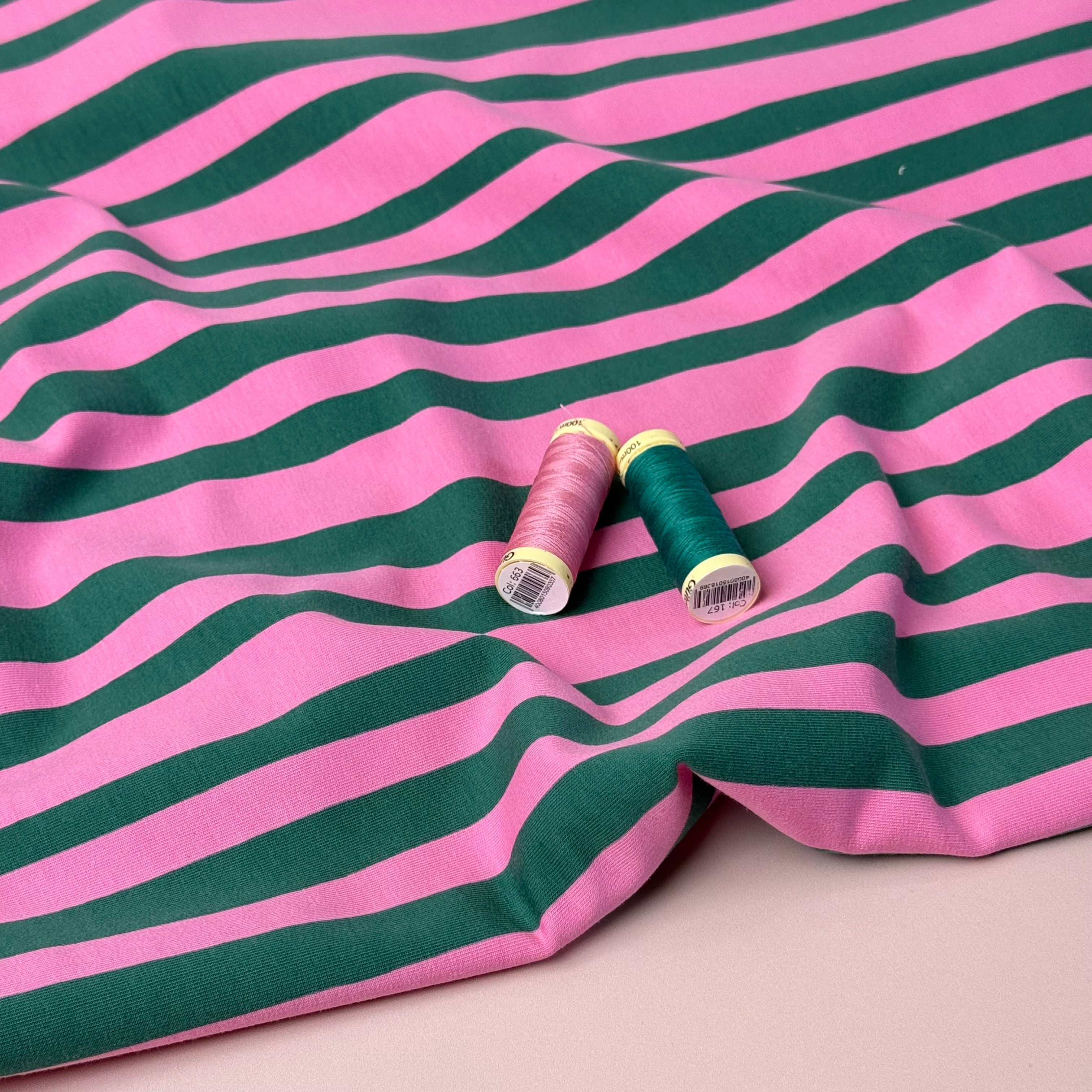 REMNANT 0.52 Metre - Wavy Stripes Green Organic GOTS Cotton French Terry