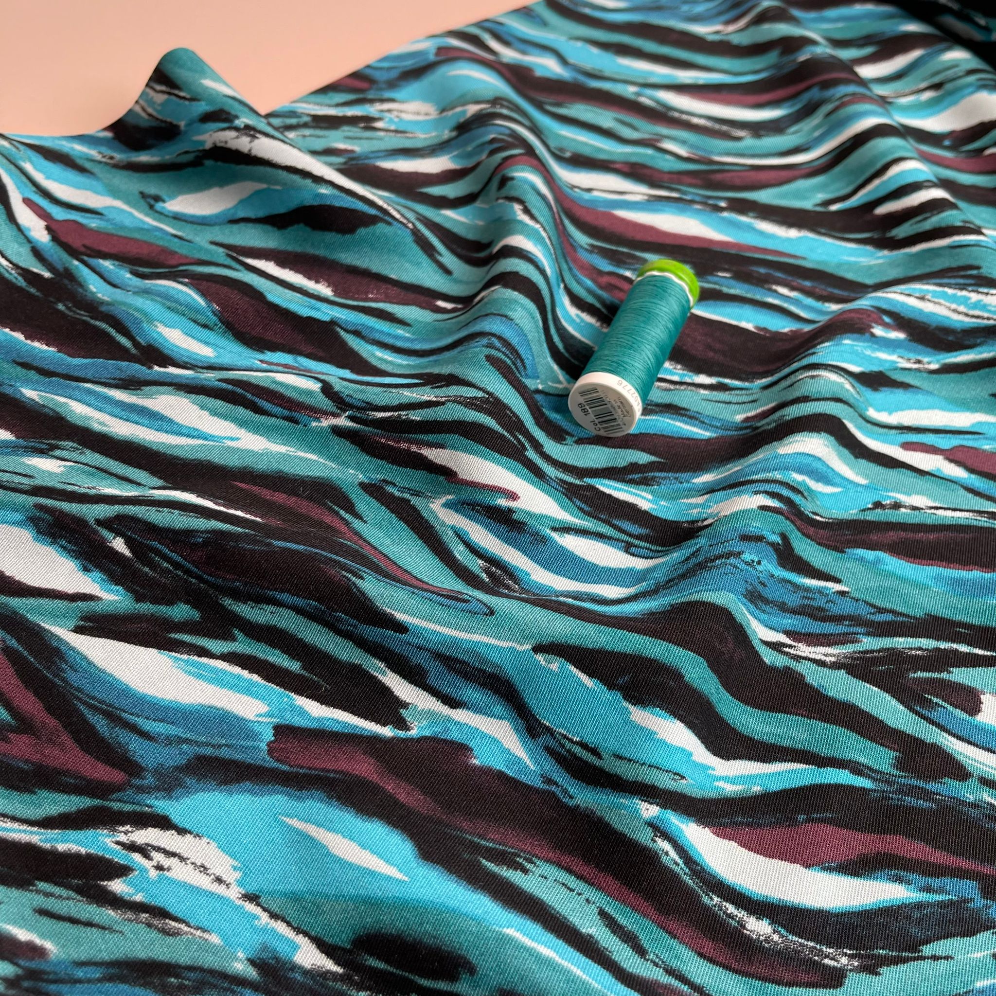 REMNANT 0.74 Metre - Waves in Petrol Viscose Twill Fabric