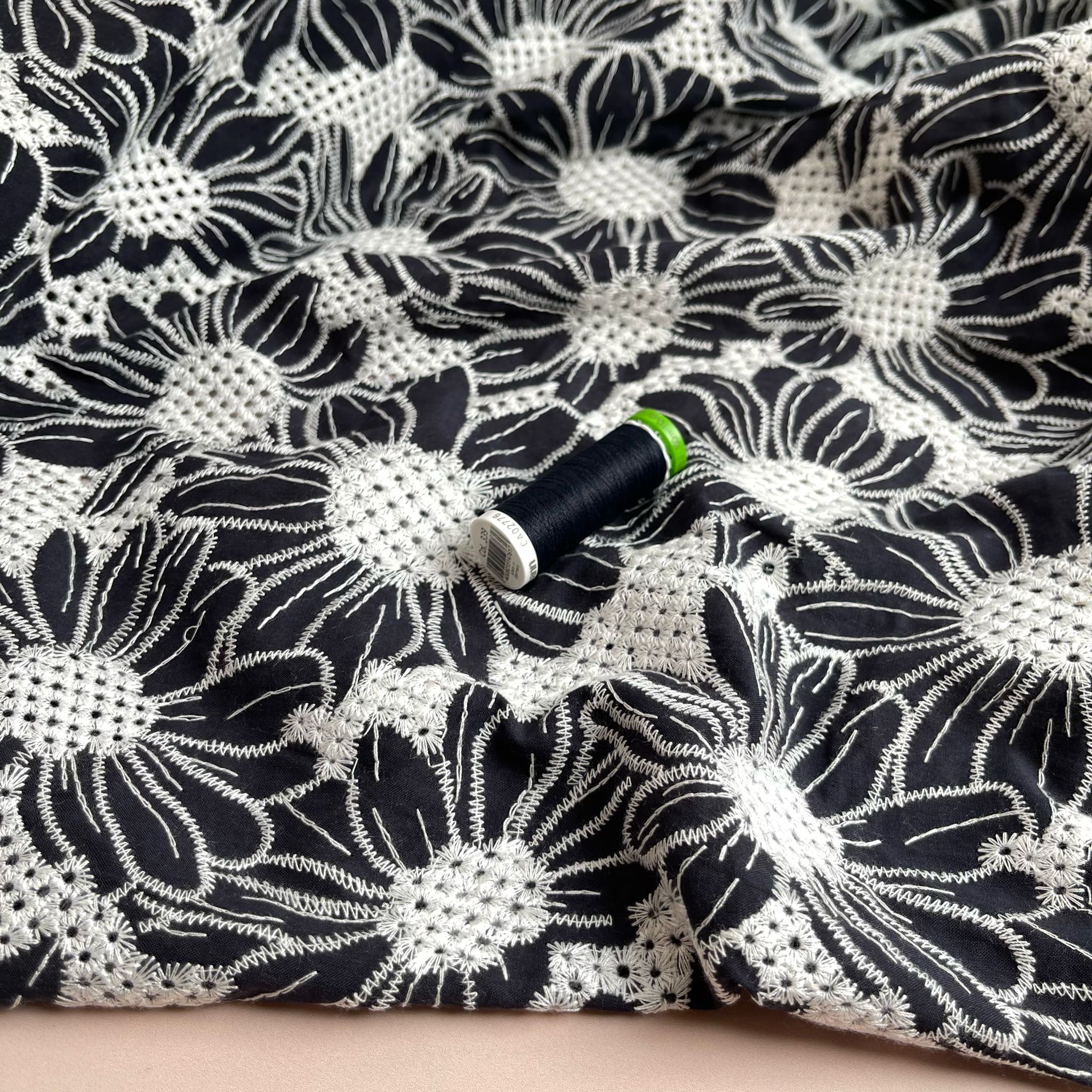 Scalloped Flowers Embroidered Cotton Fabric in Dark Navy