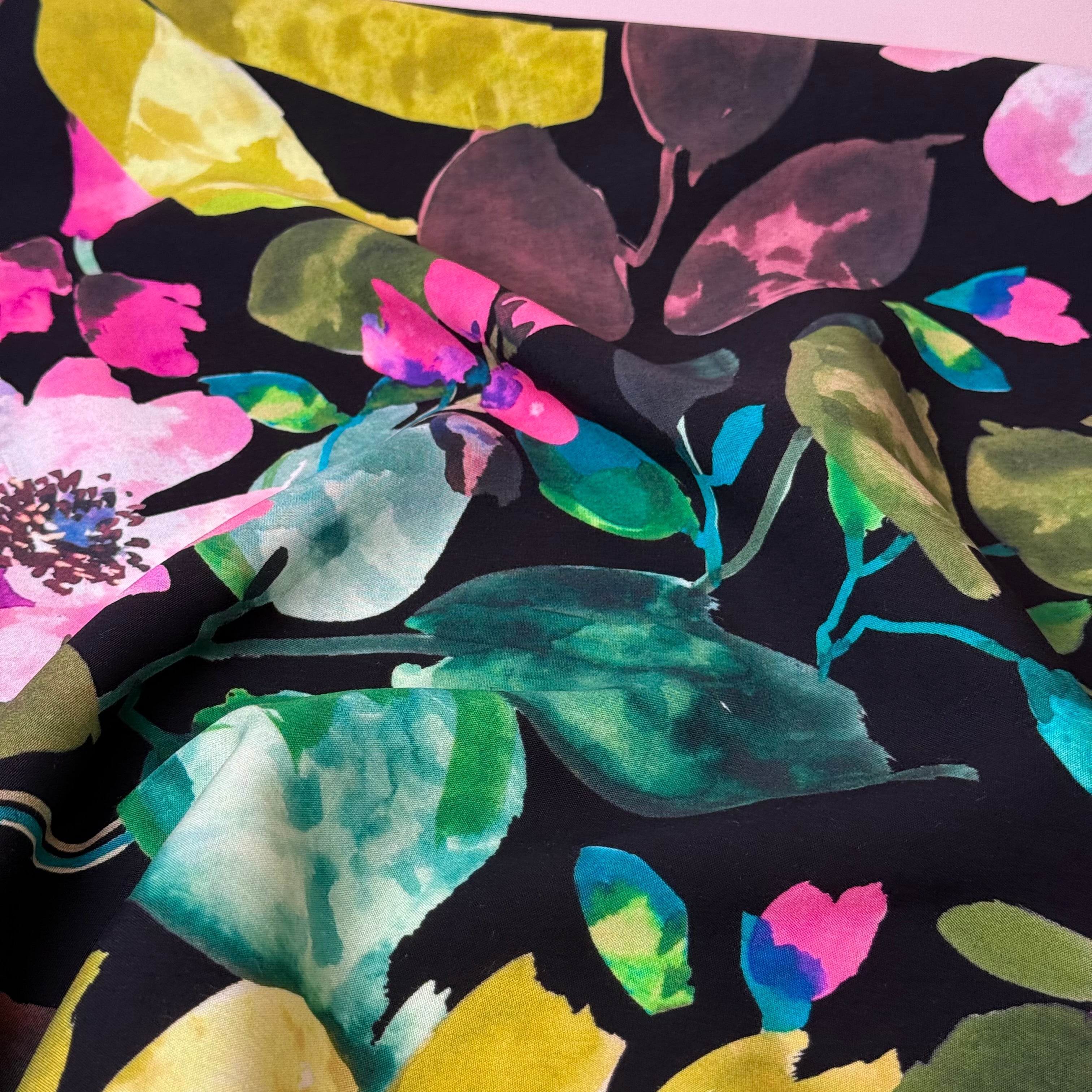 Winter Blooms with Pink Viscose Poplin Fabric