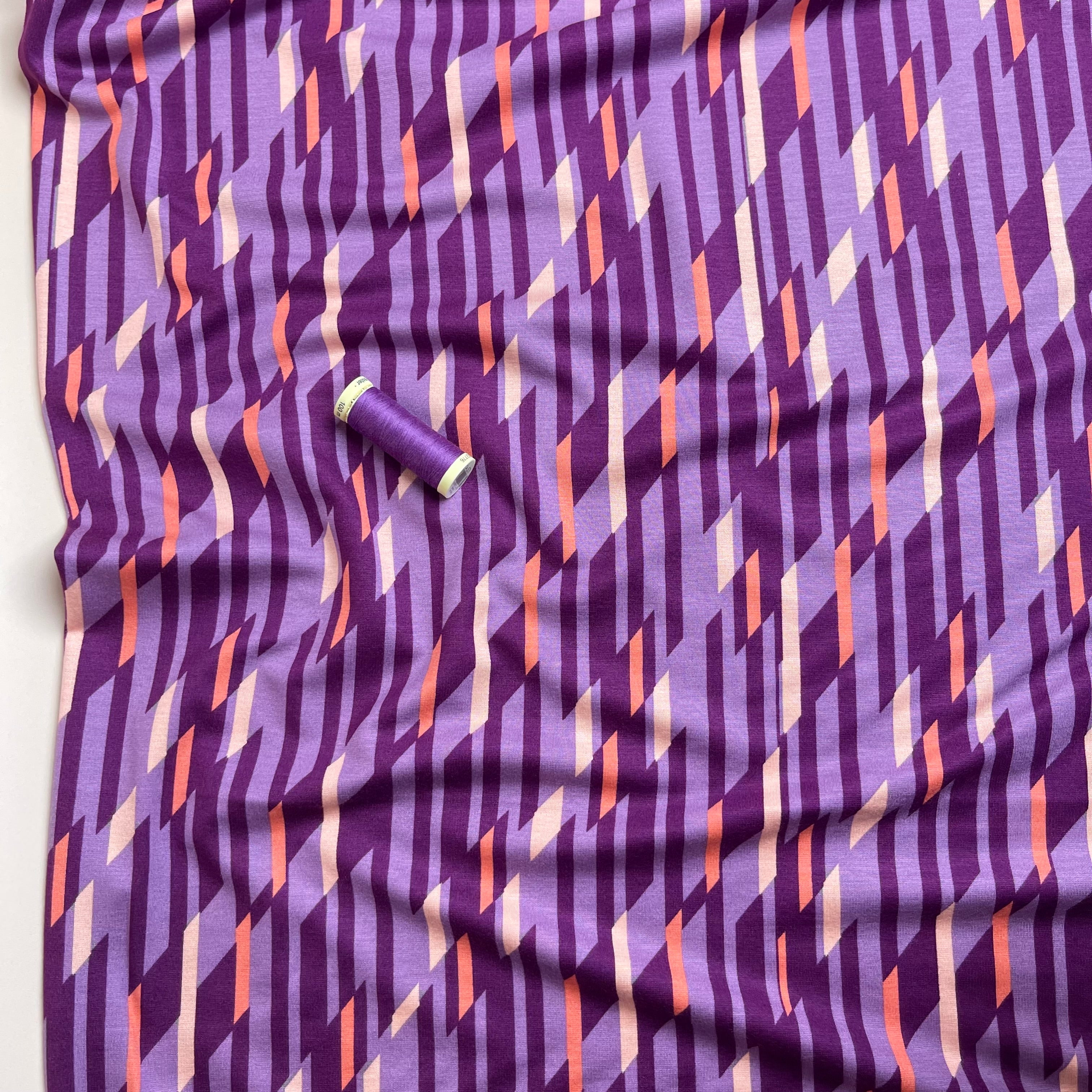 Abstract Lines Purple Viscose Ponte Roma Double Knit Fabric