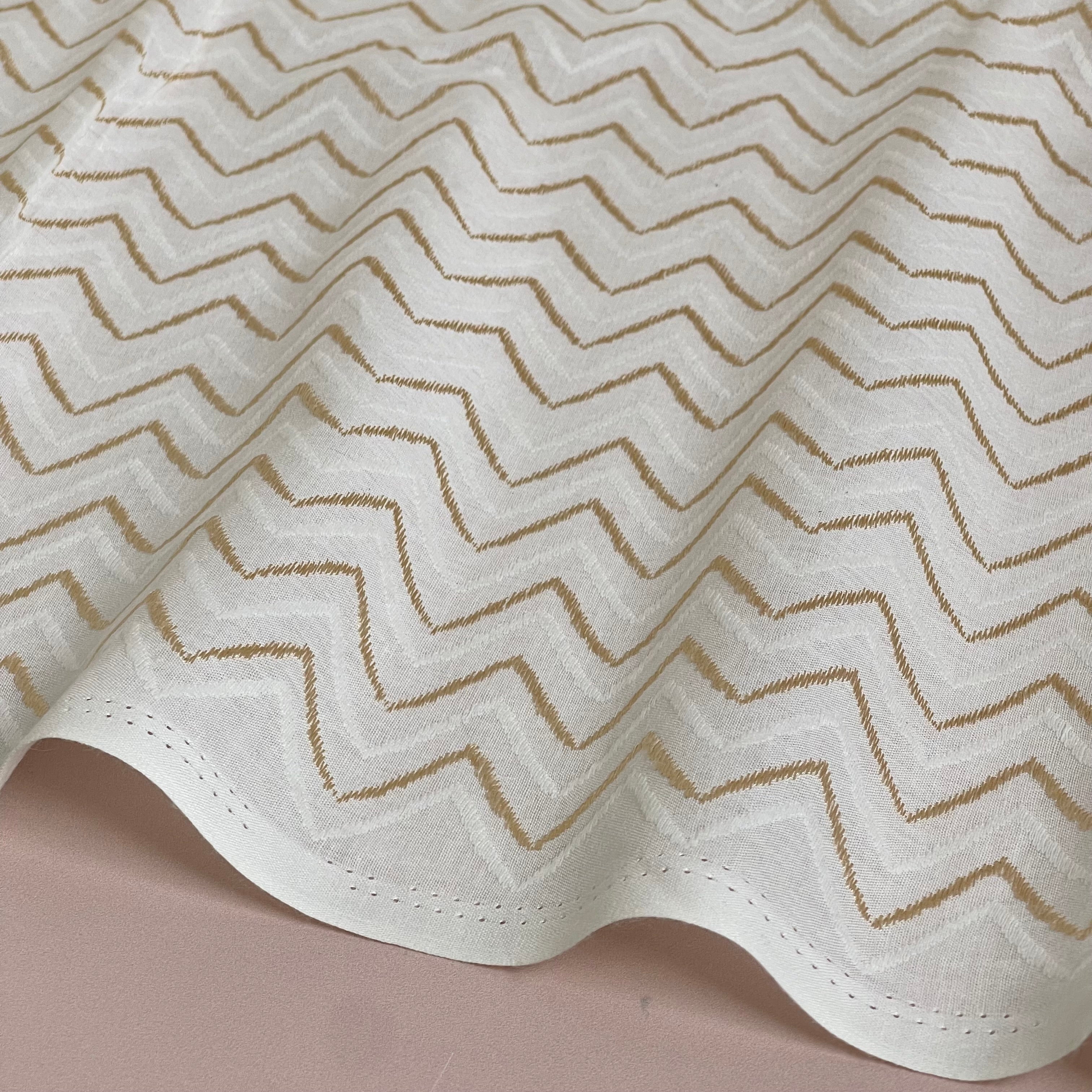 Ex-Designer Deadstock - Embroidered Gold & Ivory Chevrons on Cotton Fabric