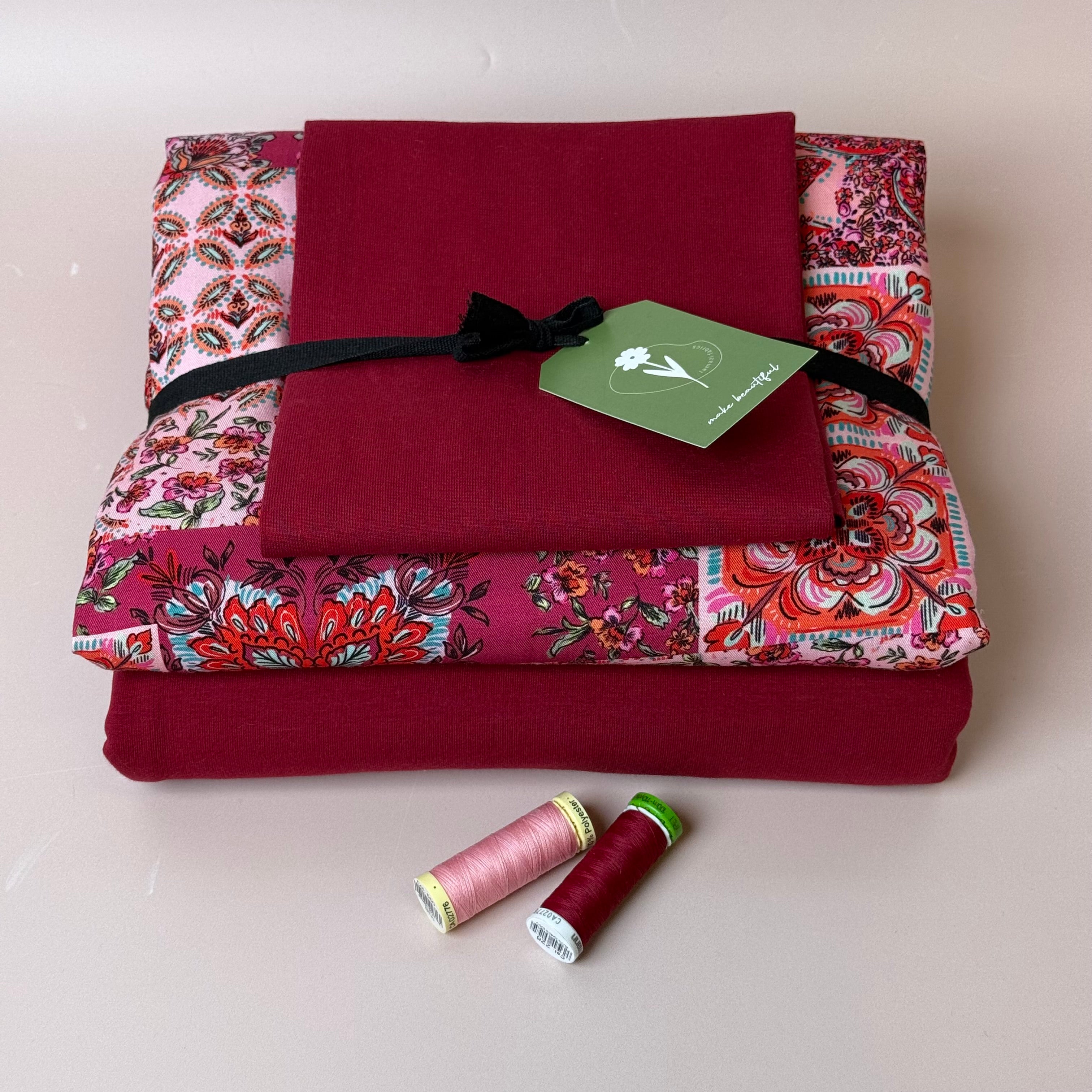 Make an Outfit Colour Bundle - Vintage Patchwork Viscose Twill in Berry & Sweatshirting with ribbing
