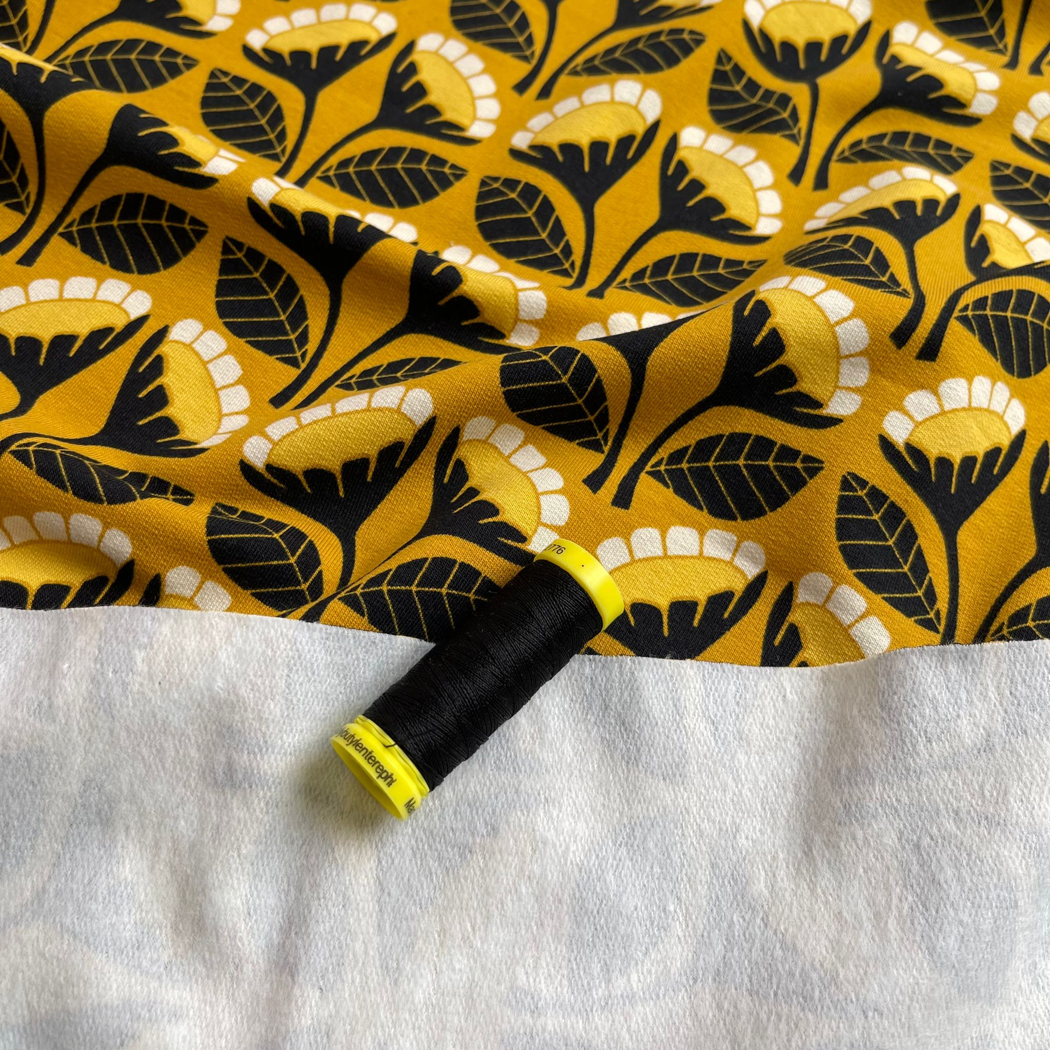 REMNANT 2.11 Metres - Monochrome Flowers on Yellow Cotton French Terry