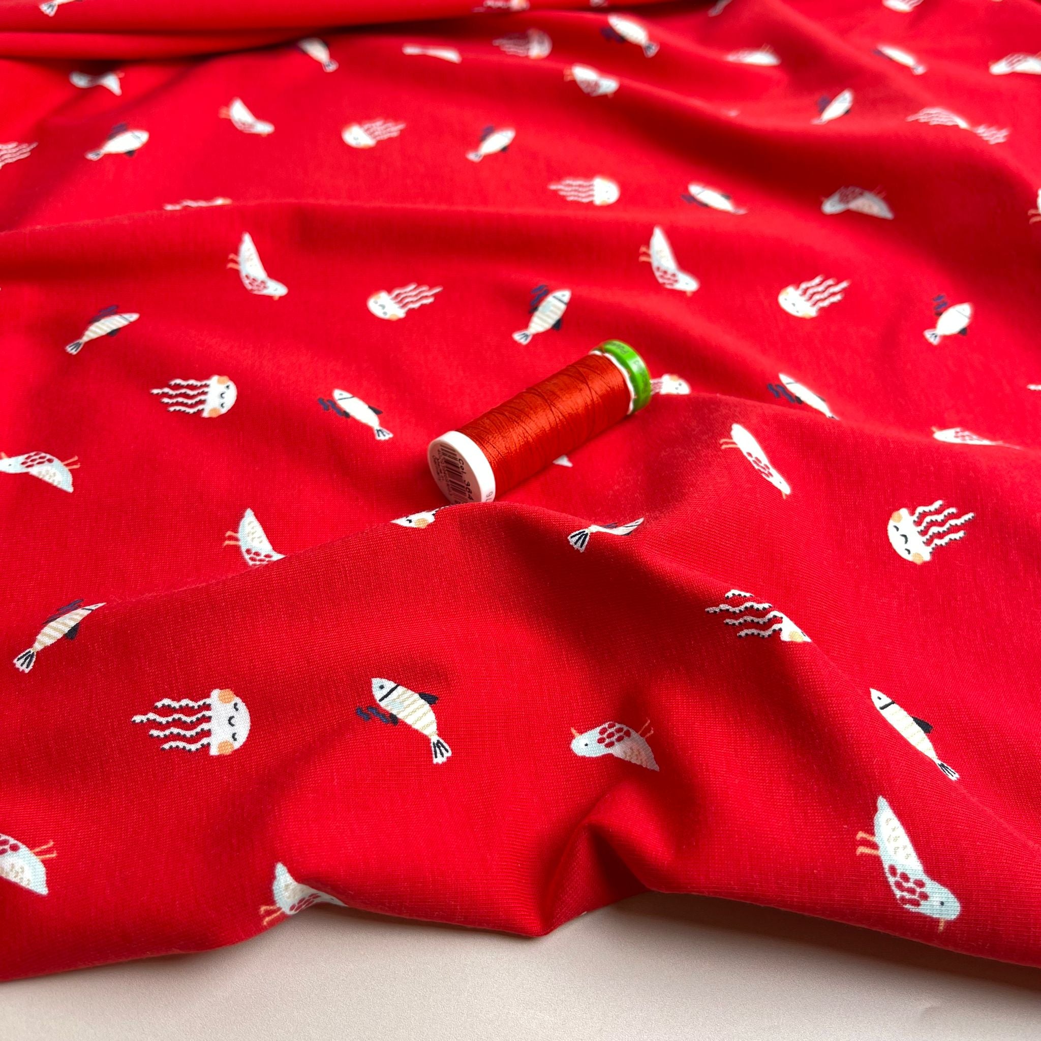 Under The Sea Red Cotton Jersey Fabric