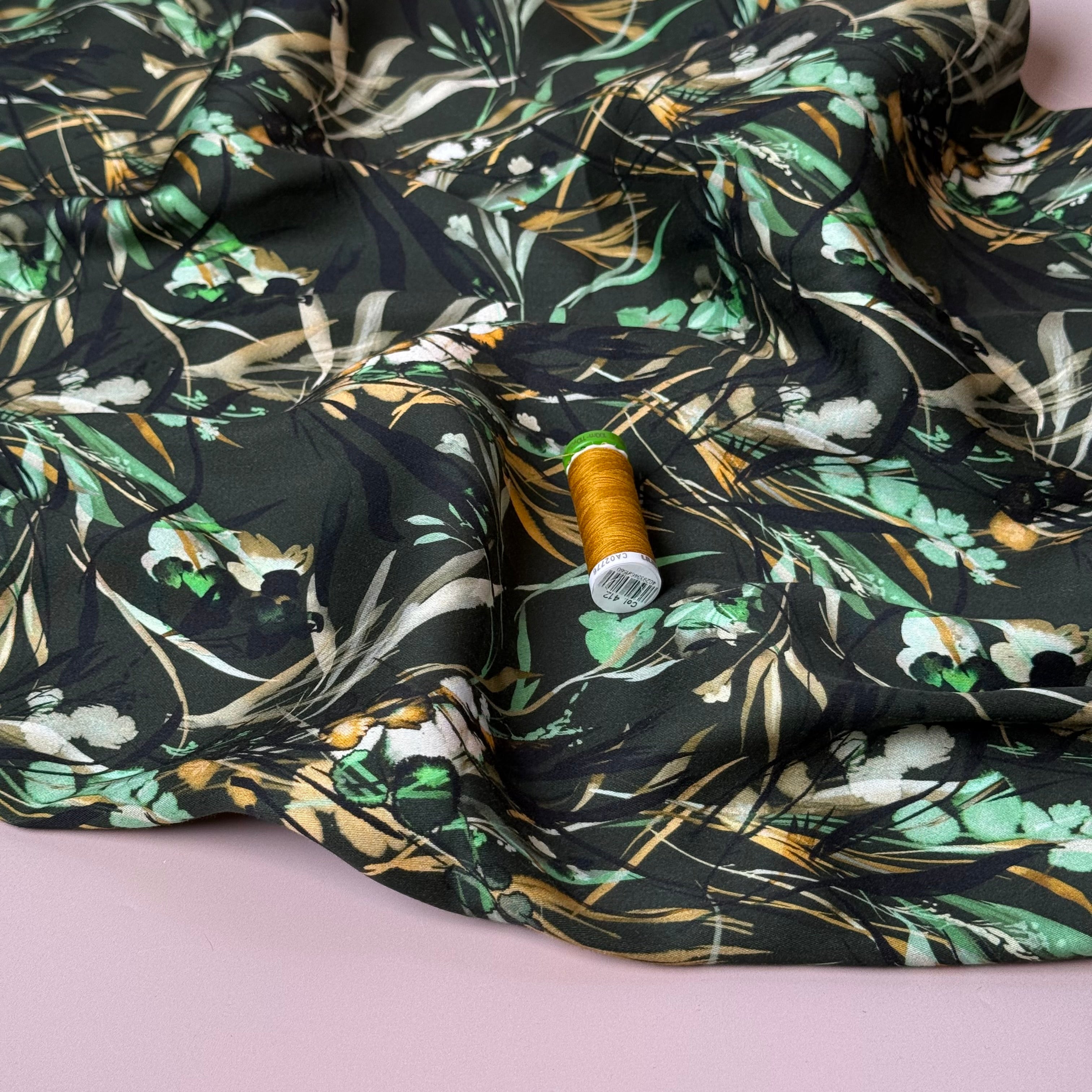 REMNANT 1.88 Metres - Autumn Foliage Dark Green Viscose Sateen Fabric