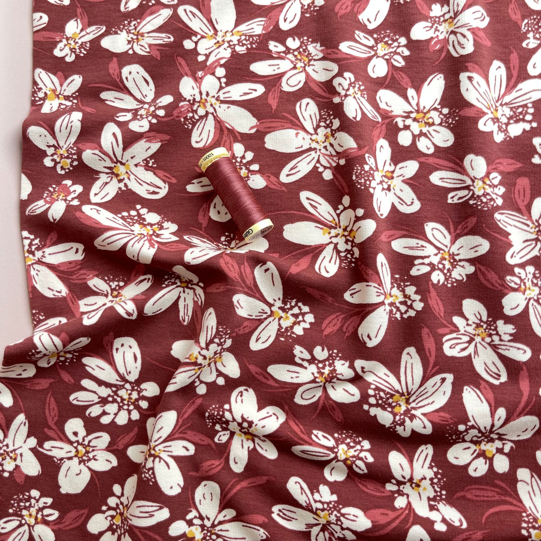 White Flowers on Rosewood Recycled Cotton French Terry