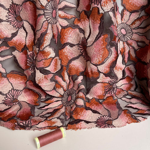Vintage Floral in Old Rose Embroidered Tulle Fabric
