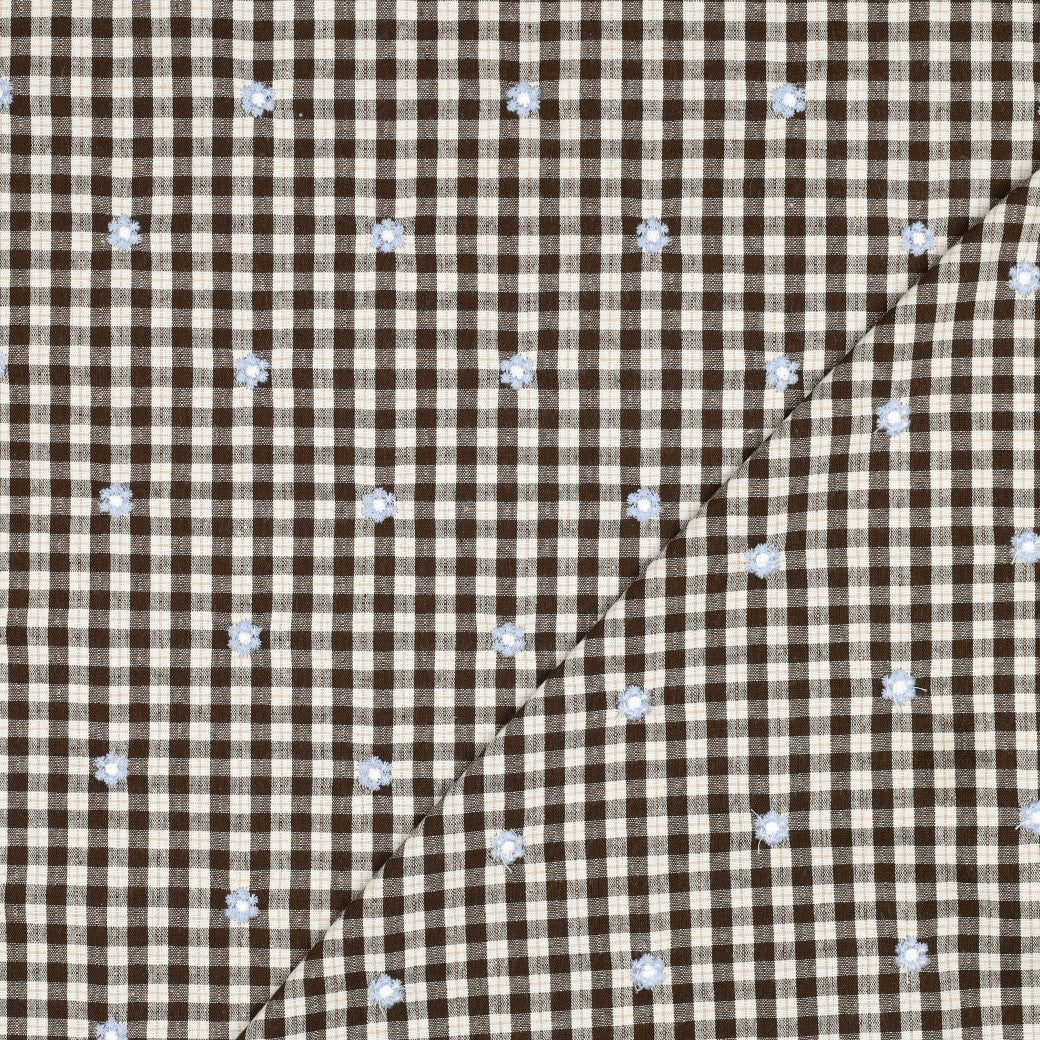 Embroidered Flowers on Brown Gingham Cotton Viscose Fabric