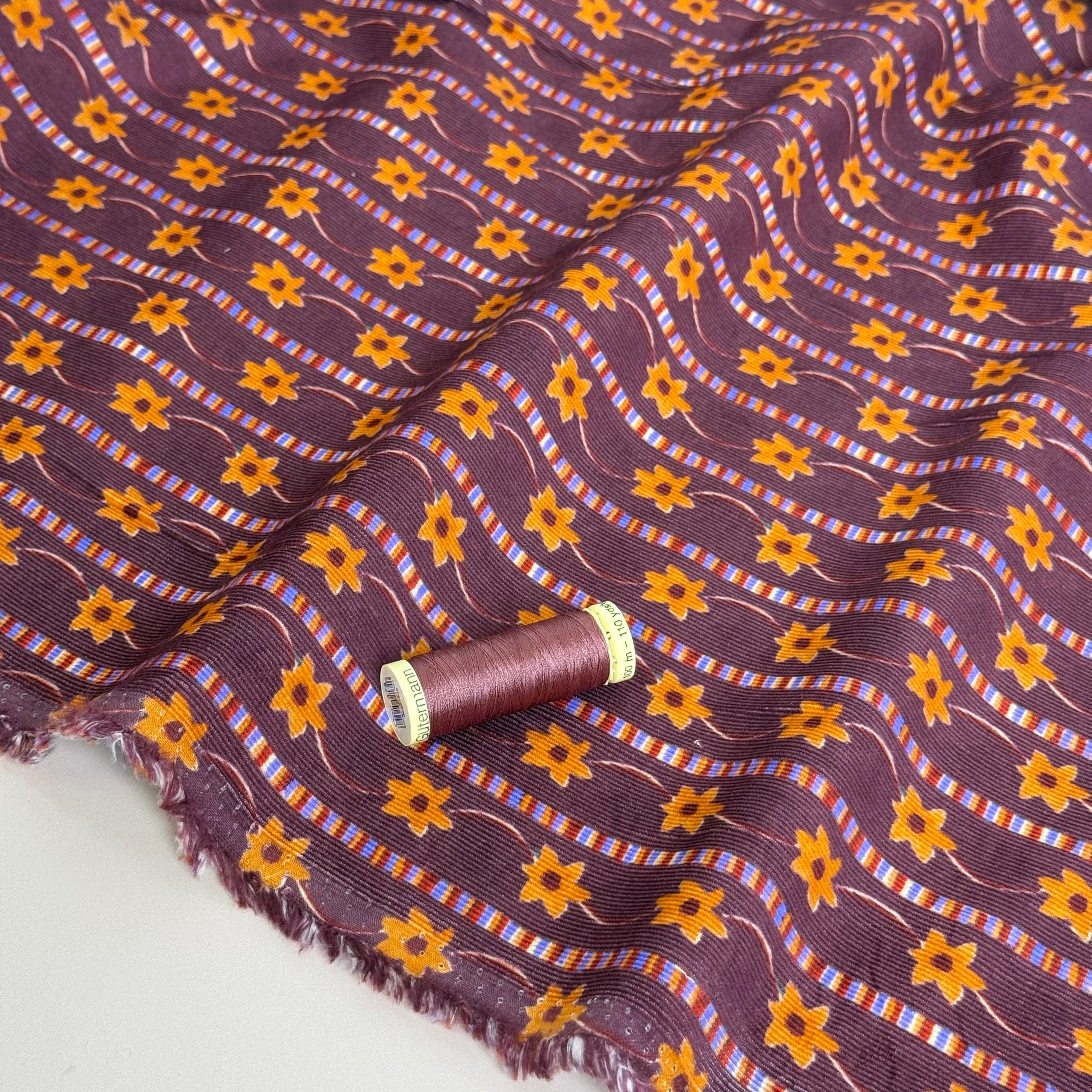 Flower Chain on Burgundy Cotton Needlecord