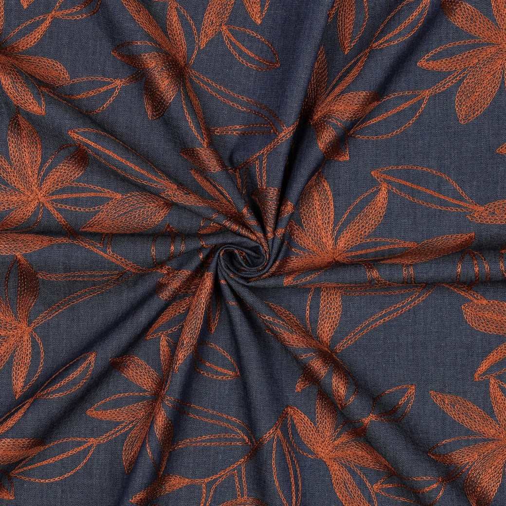 Denim with Camel Embroidered Flowers Cotton Fabric