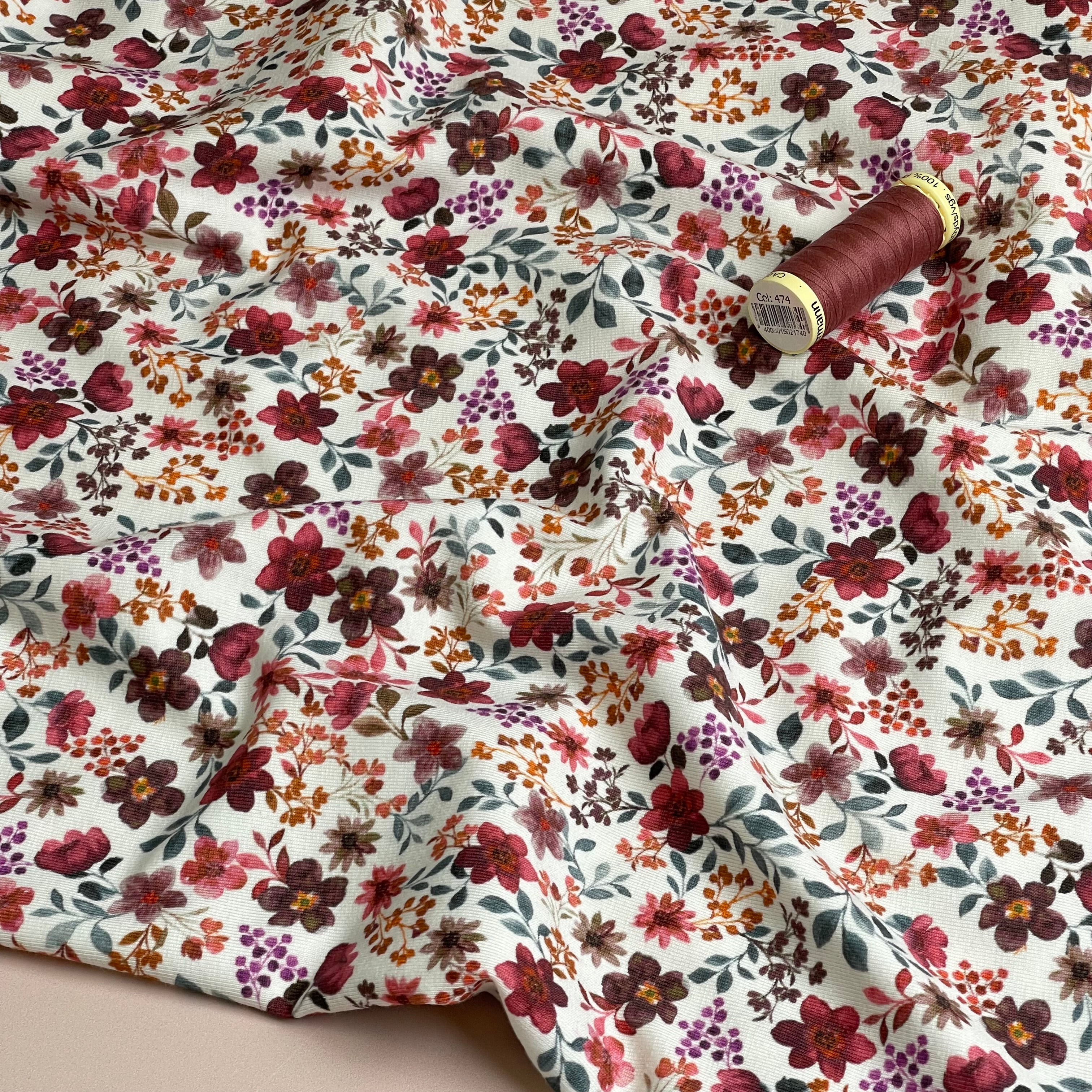 Ditsy Burgundy & Brown Flowers on White Cotton Jersey Fabric