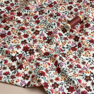 Ditsy Burgundy & Brown Flowers on White Cotton Jersey Fabric