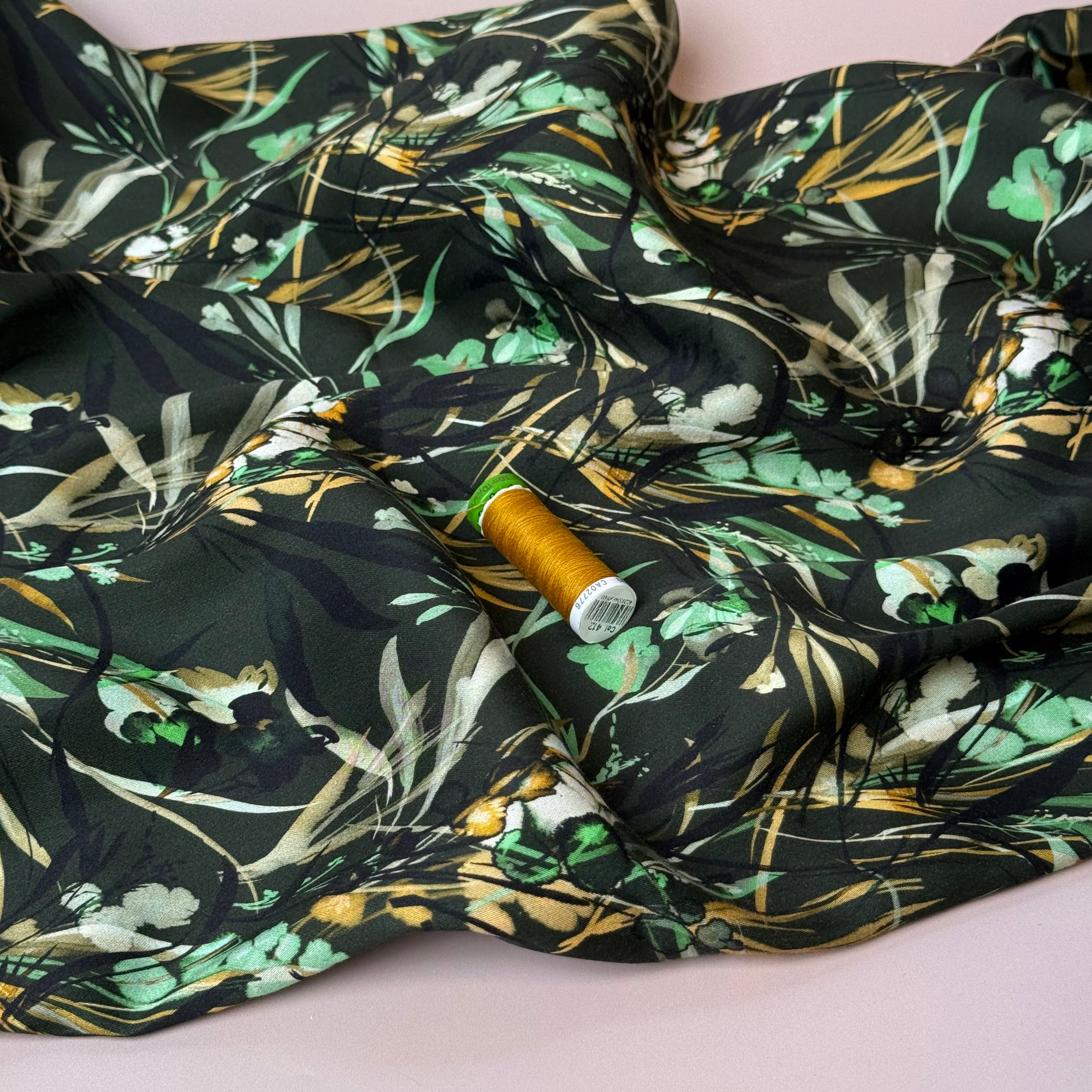 REMNANT 1.88 Metres - Autumn Foliage Dark Green Viscose Sateen Fabric
