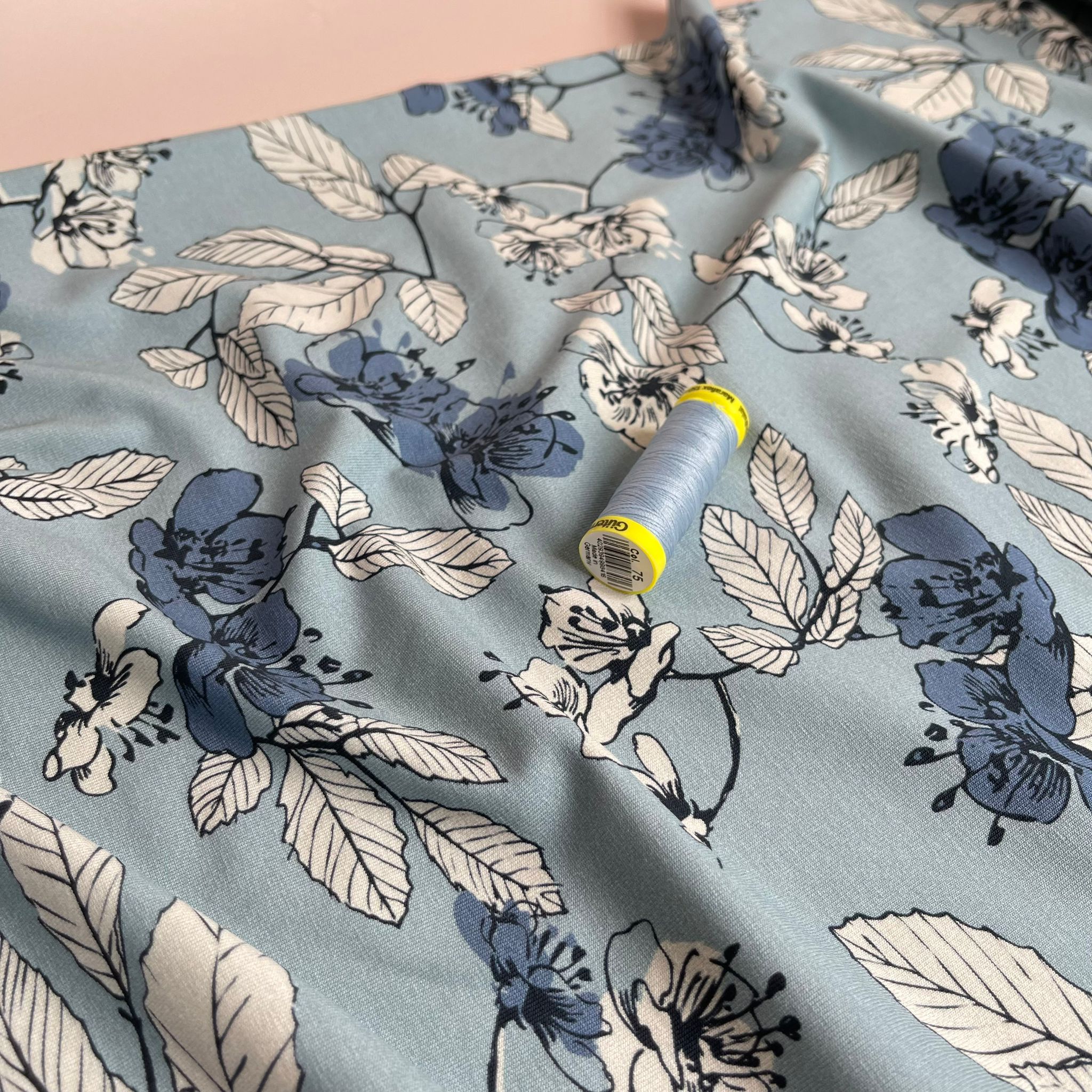 Danish Design - Elegant Florals on Pale Blue Cotton Jersey Fabric