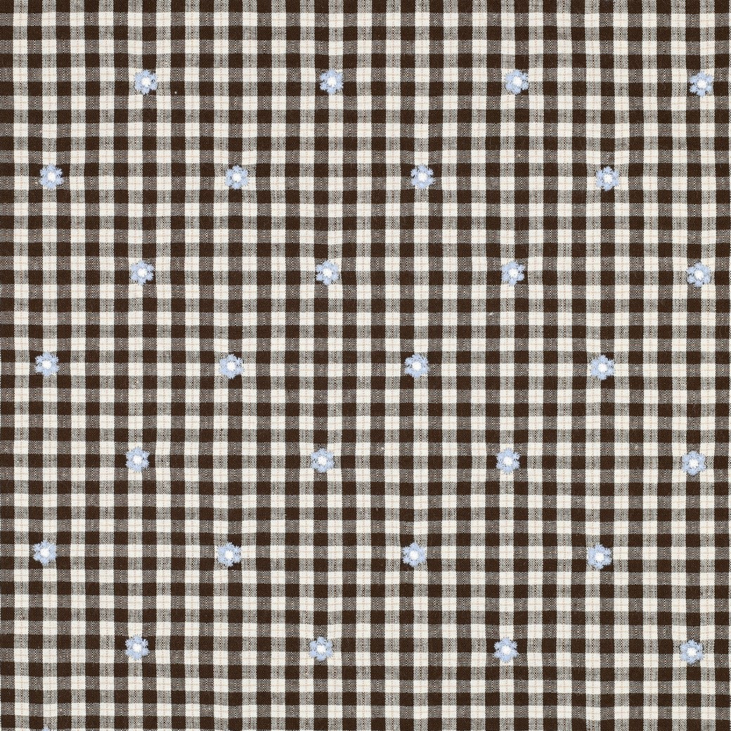 Embroidered Flowers on Brown Gingham Cotton Viscose Fabric