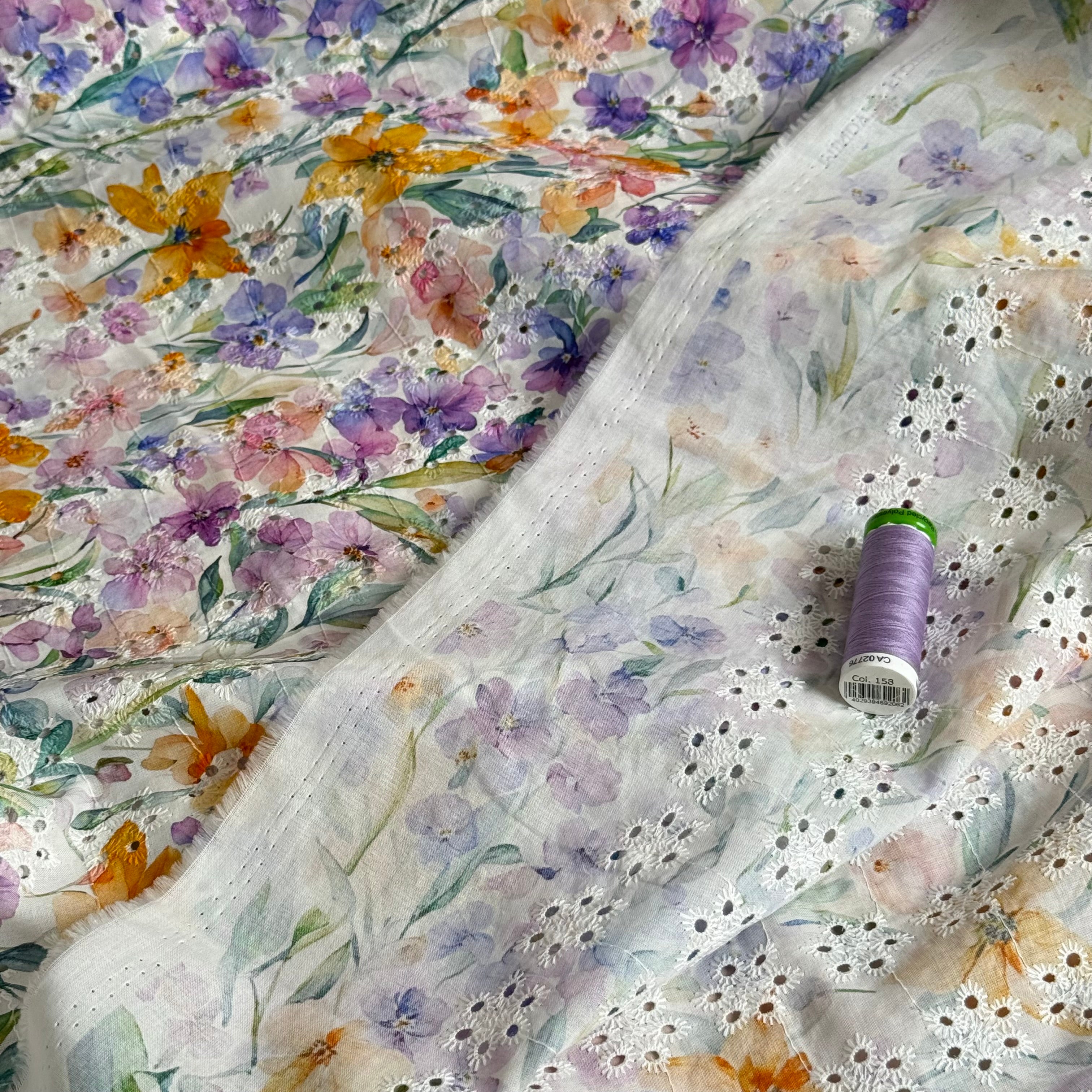 Lavender Field Flowers on Embroidered White Cotton Voile Fabric