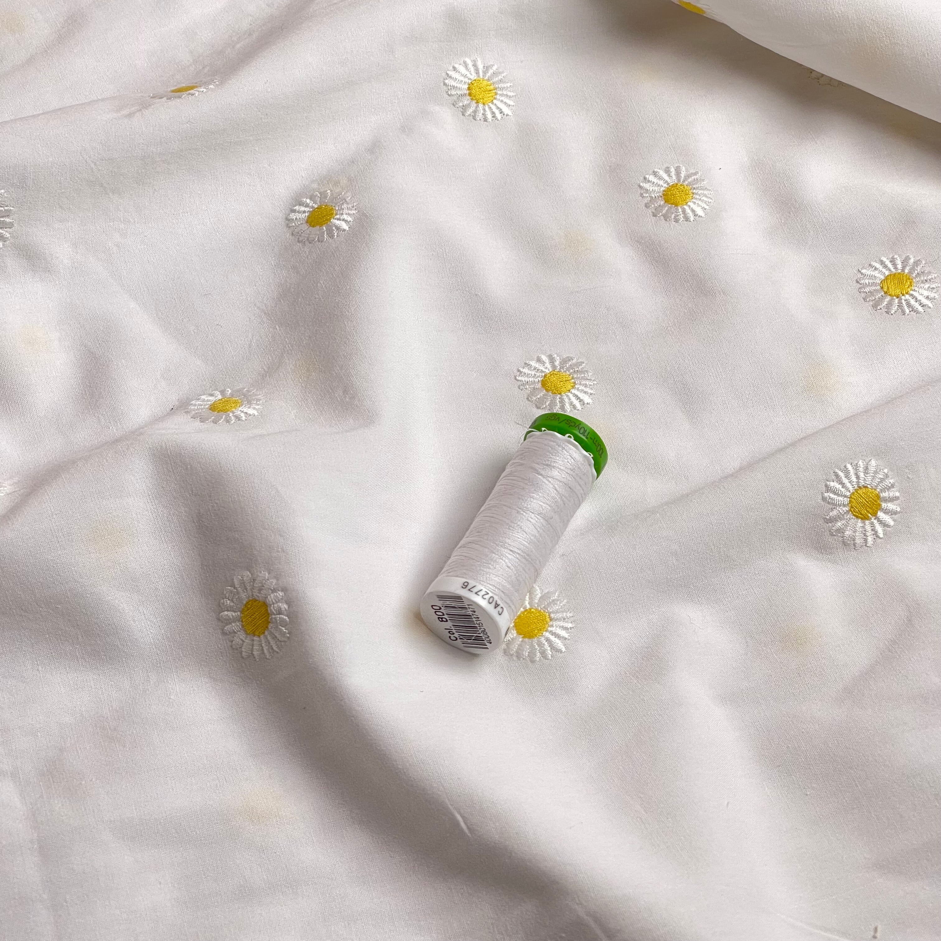 Embroidered Daisies on White Cotton Poplin