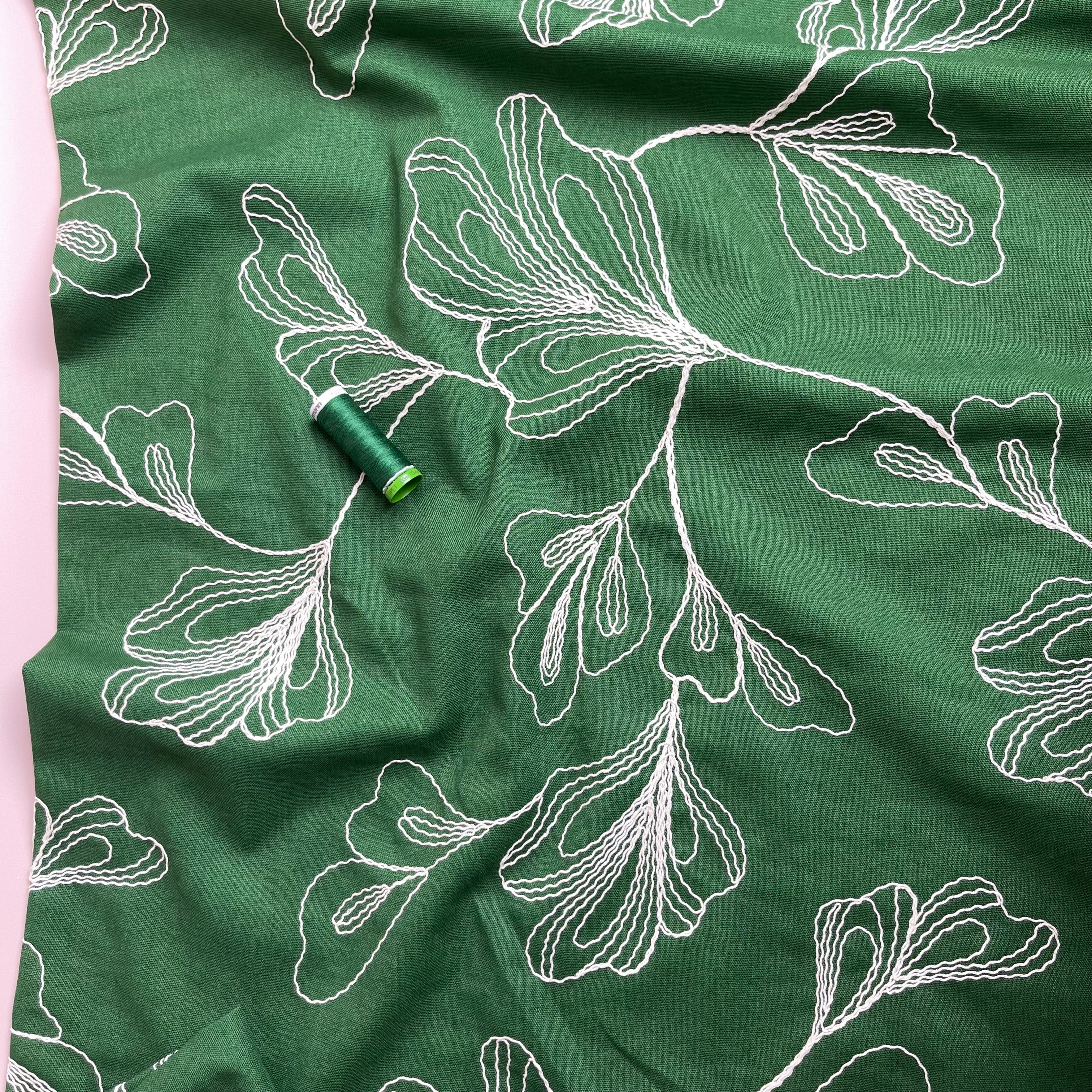 Embroidered Foliage Linen Viscose Blend Fabric in Green