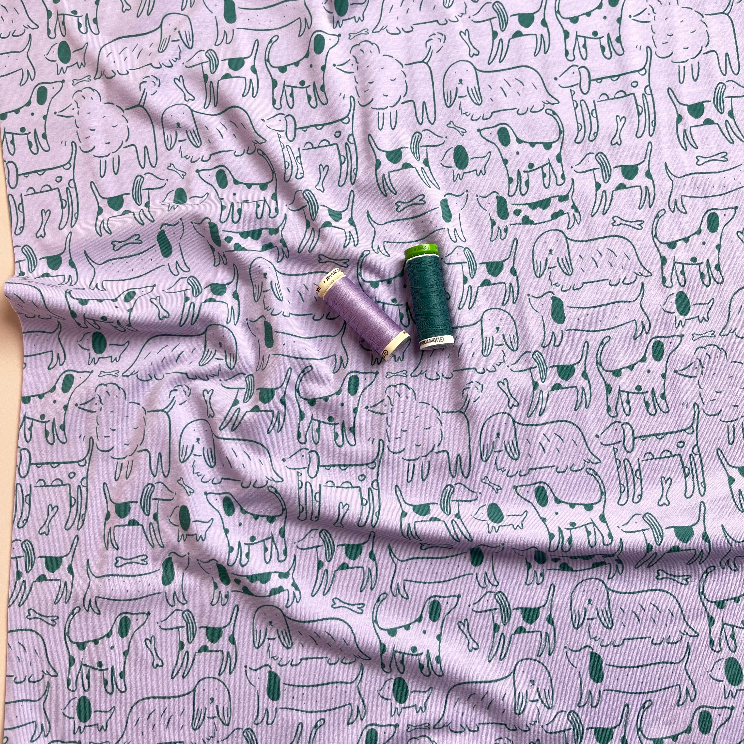 Dog Park on Lilac Cotton Jersey Fabric