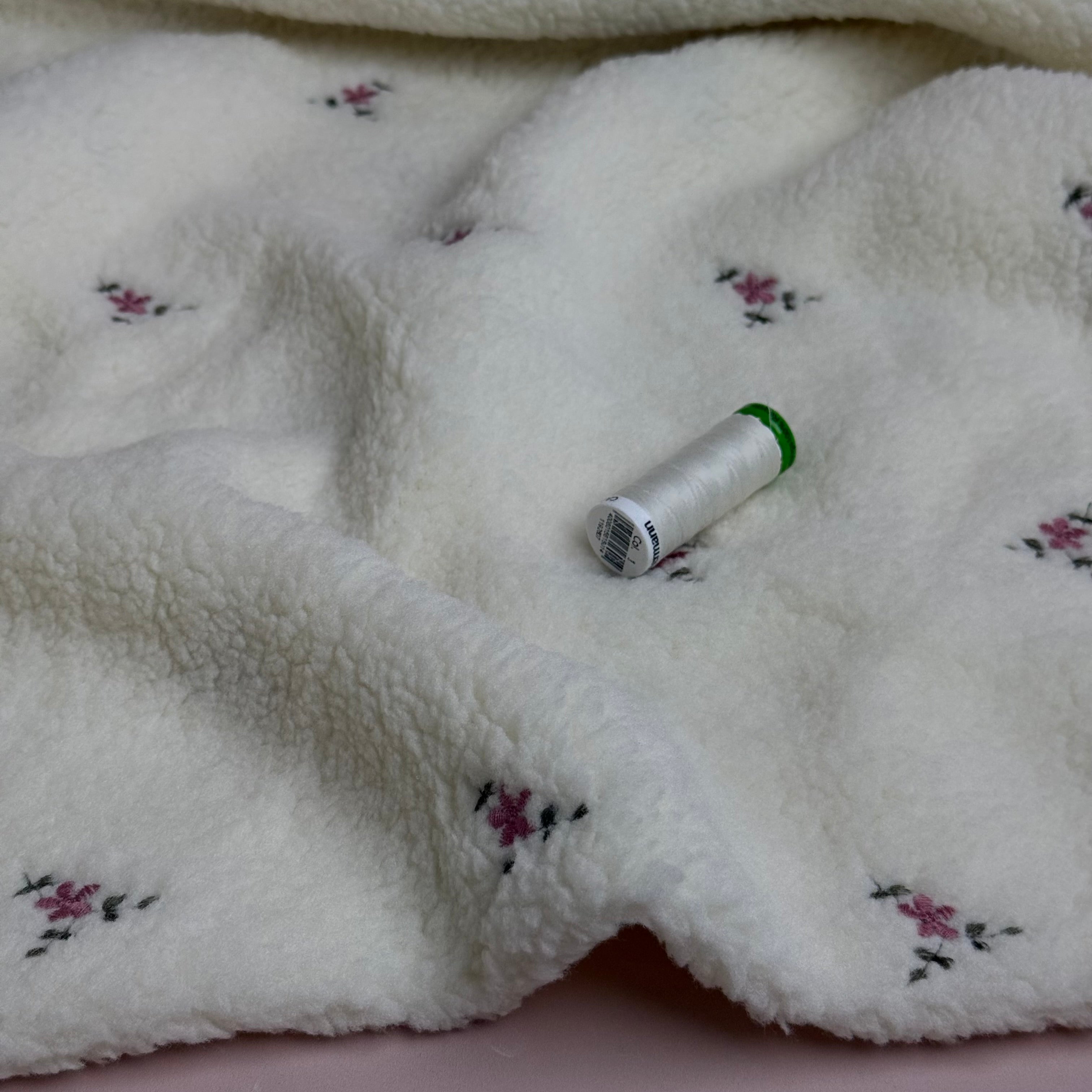 Teddy Fabric with Embroidered Flowers in Off-White