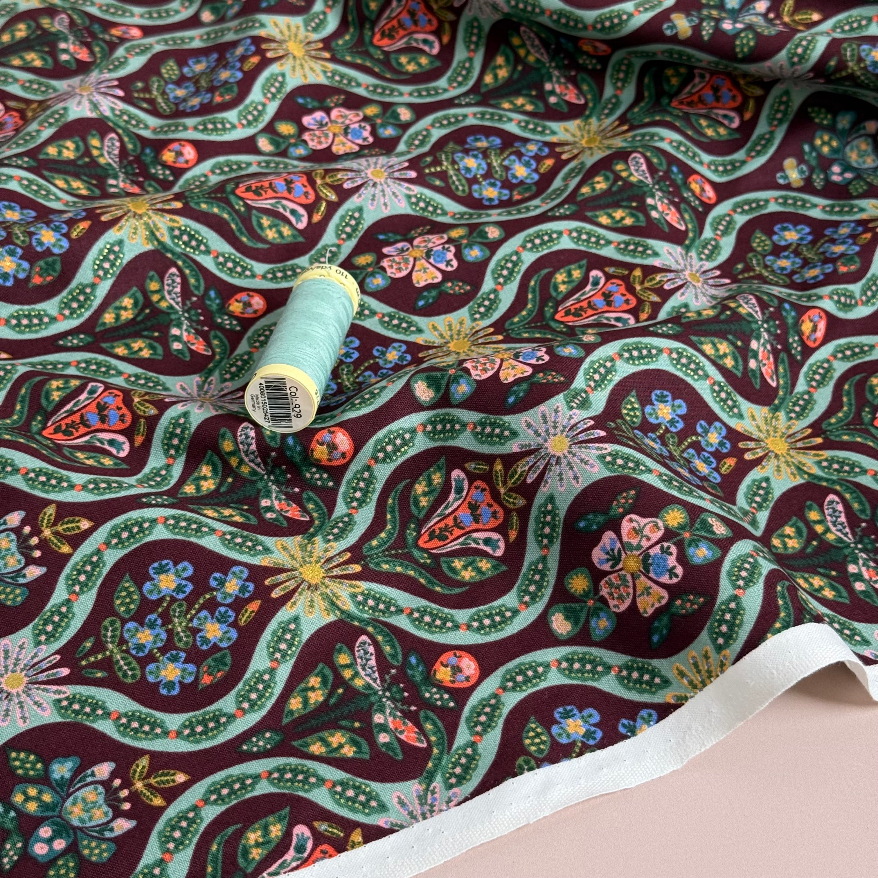 Rifle Paper Co - Posie in Burgundy Metallic Cotton Fabric from English Rose