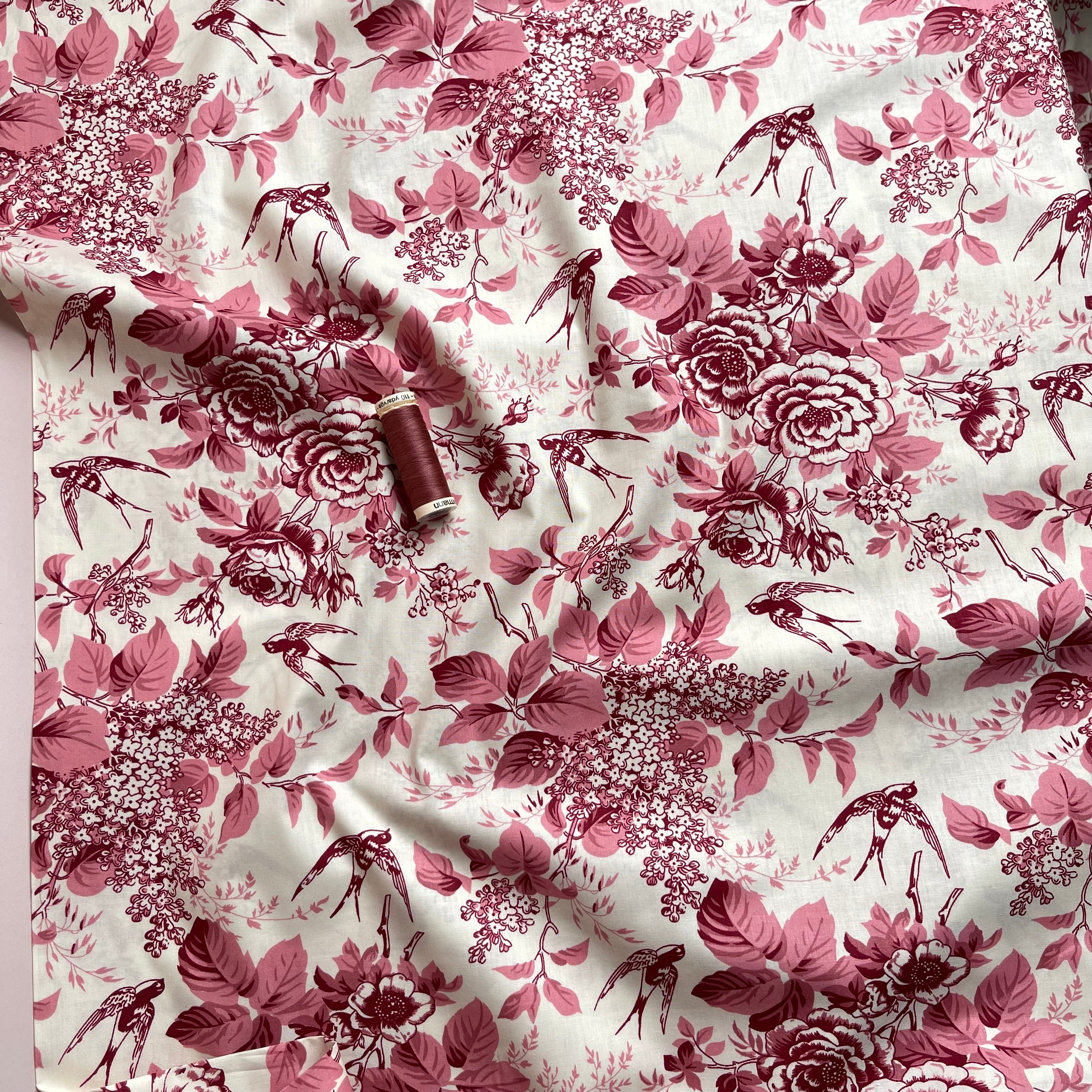 Toile De Jouy Birds in Pink Cotton Poplin