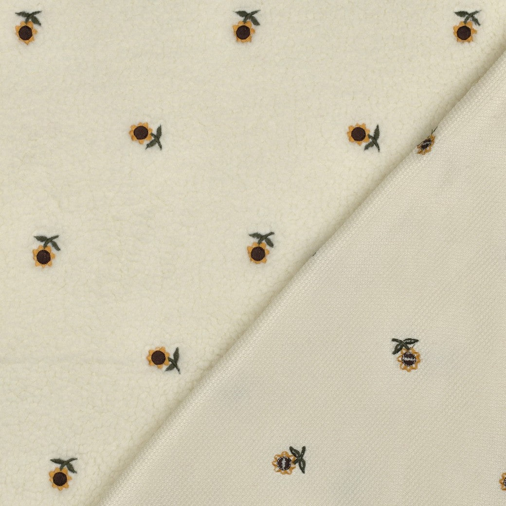 Embroidered Sunflowers Off-White Teddy Fabric