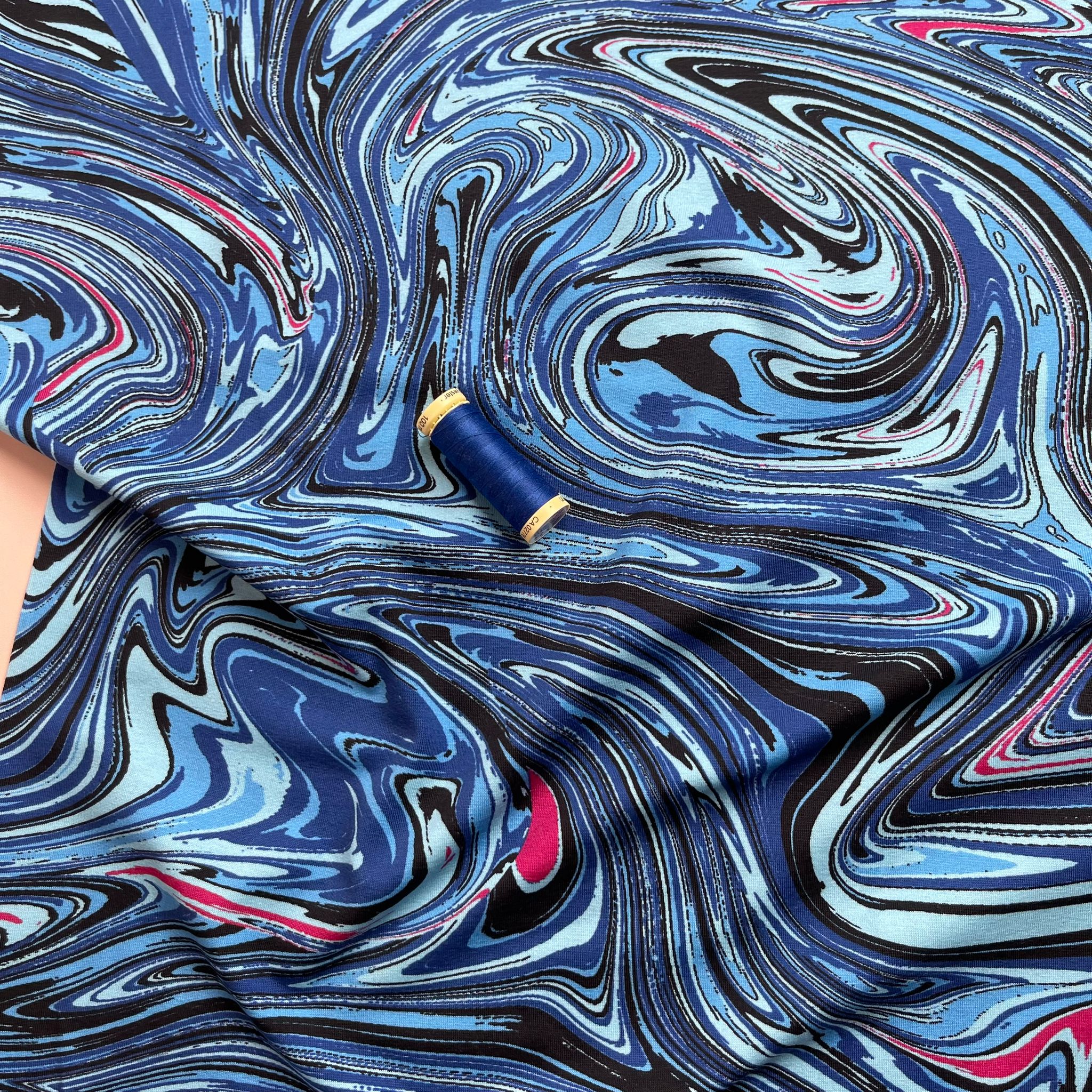 REMNANT 2.31 Metres - Danish Design - Cobalt Swirls Cotton Jersey Fabric