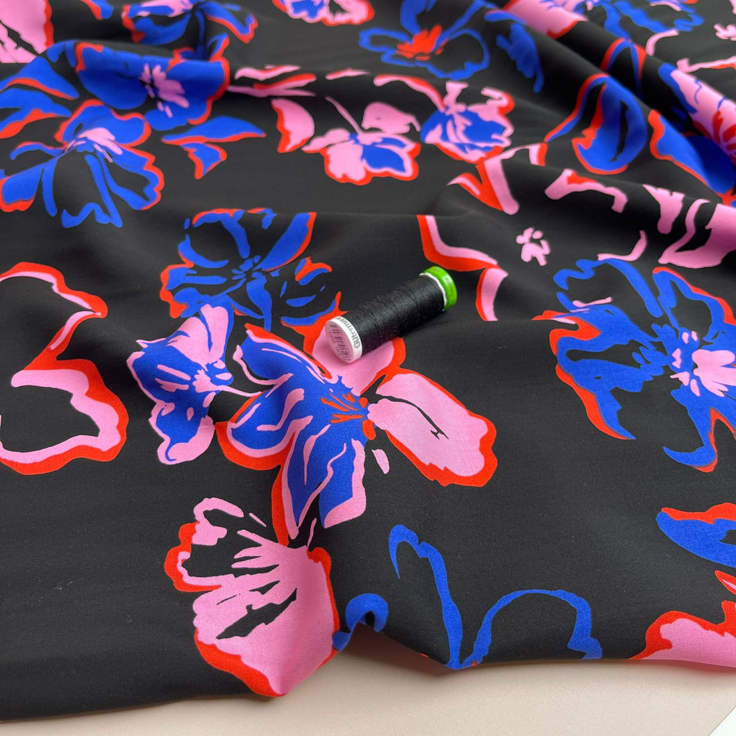 Painted Blooms on Black LENZING™ ECOVERO™ Viscose Fabric