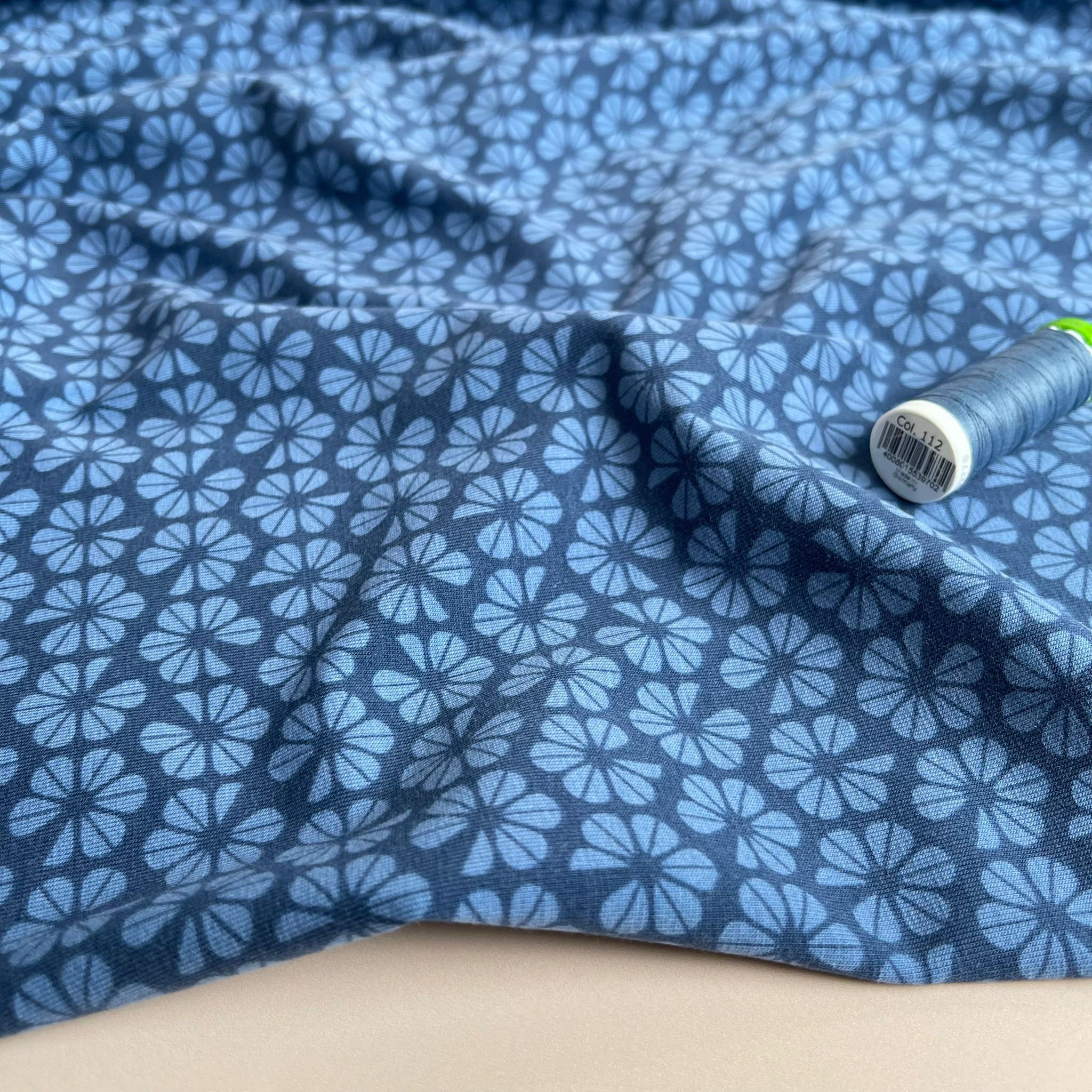 REMNANT 2.43 Metres - Graphic Pansies on Blue GOTS Organic Cotton Jersey