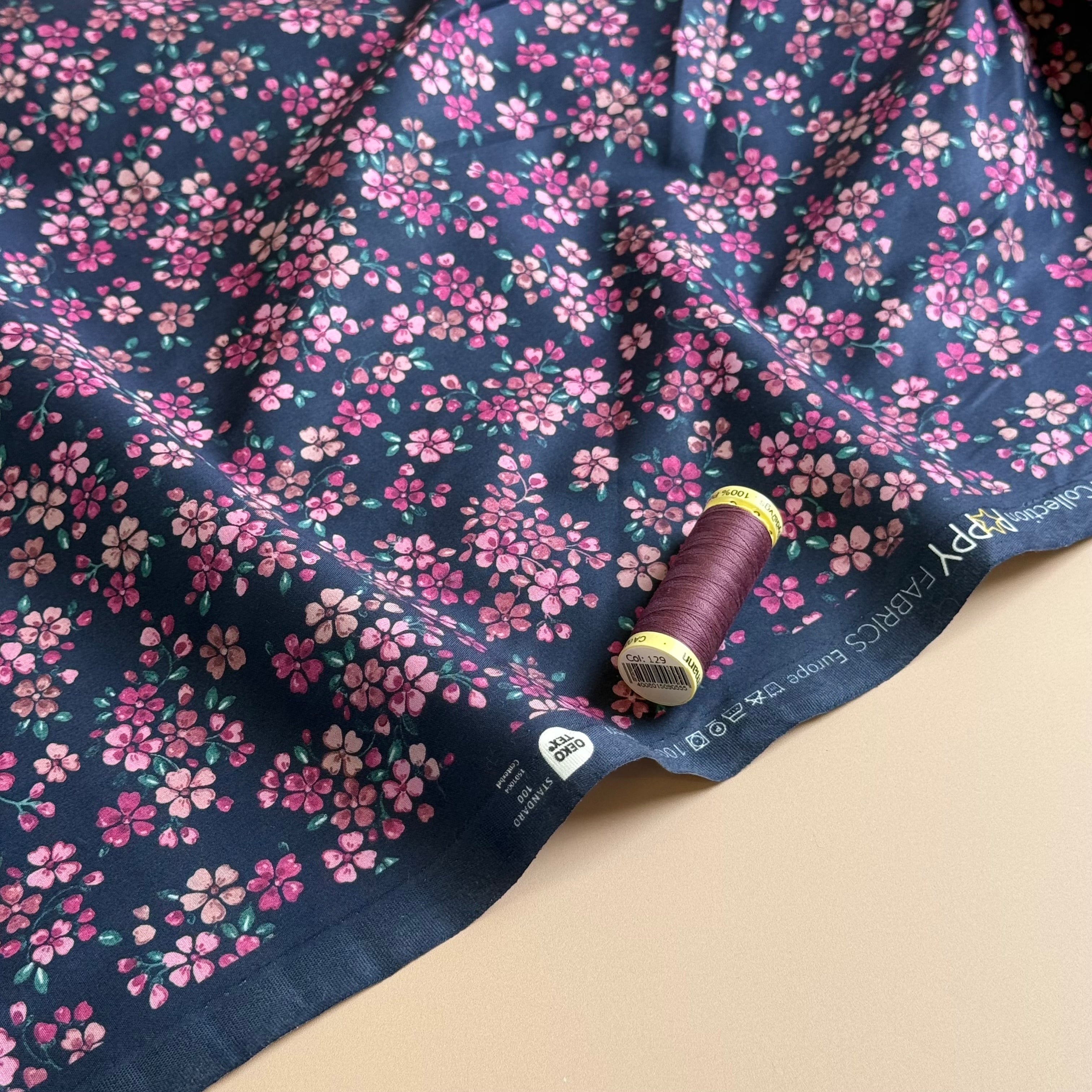 Ditsy Flowers on Navy Fine Cotton Poplin Fabric