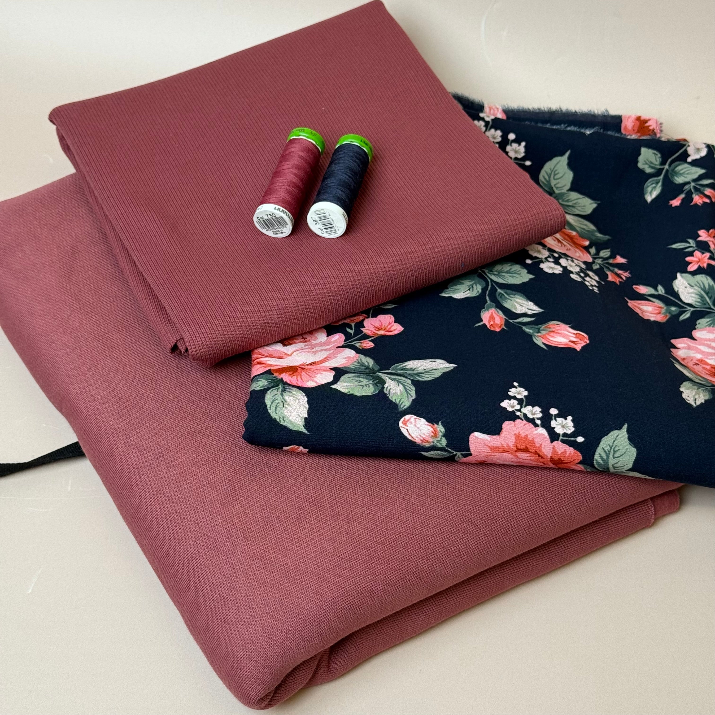 Make an Outfit Colour Bundle - Roses on Navy Viscose & Brushed Sweatshirt in Rosewood with Ribbing