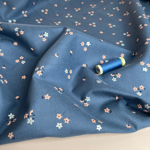 Small Flowers on Denim Blue Cotton Needlecord