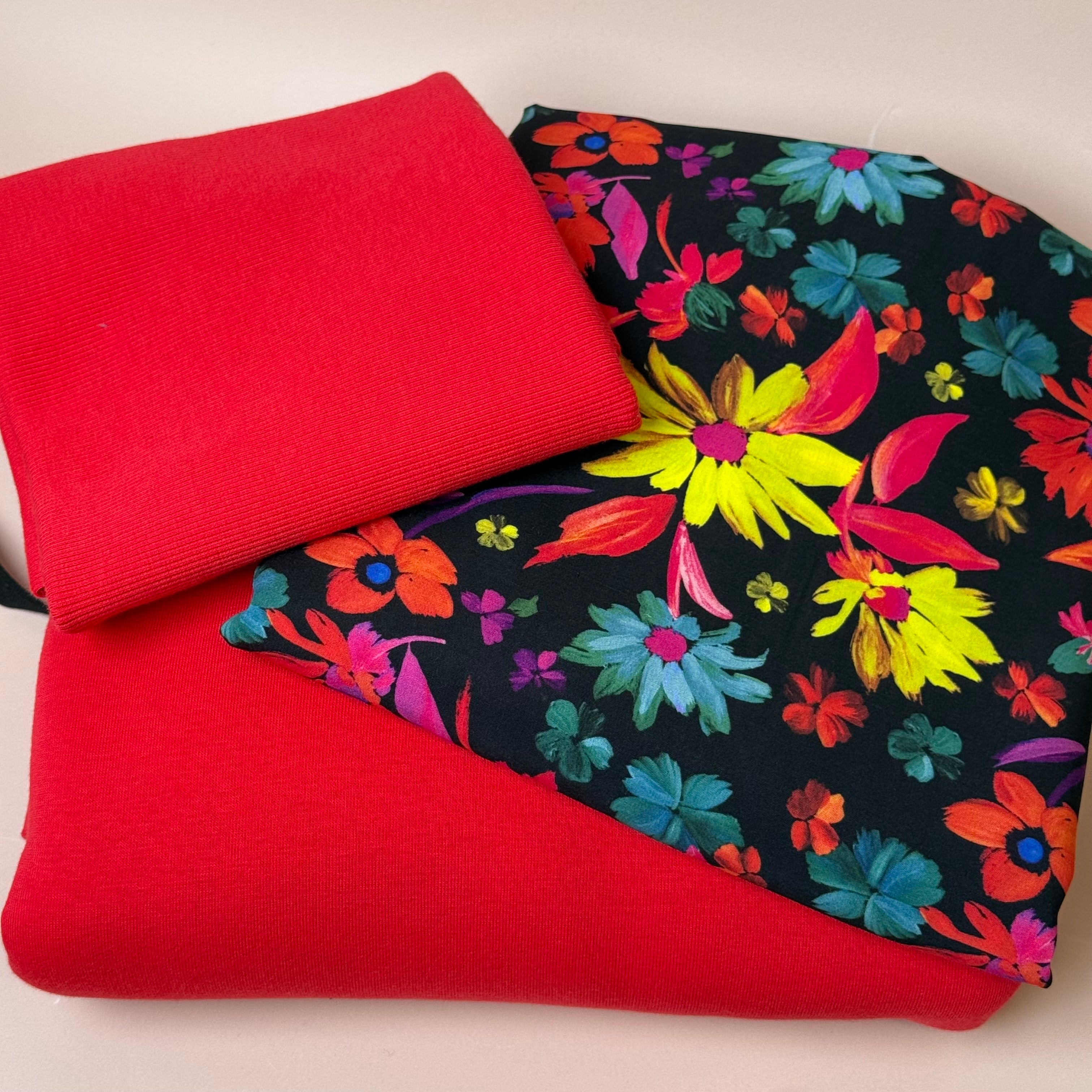 Make an Outfit Colour Bundle - Dopamine Flowers Viscose & Sweatshirting in Red with Ribbing