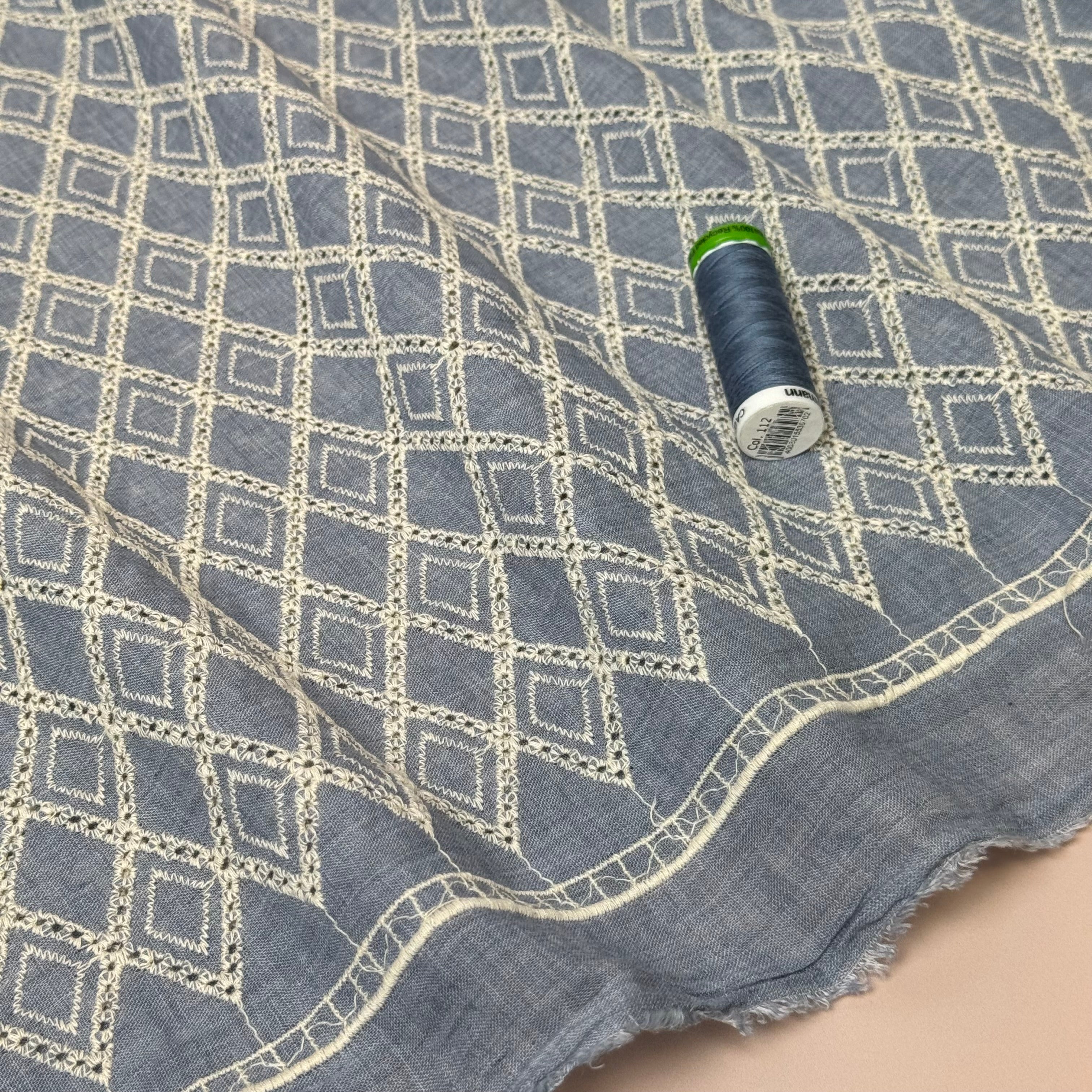 Embroidered Rhombus on Blue Eyelet Cotton Fabric