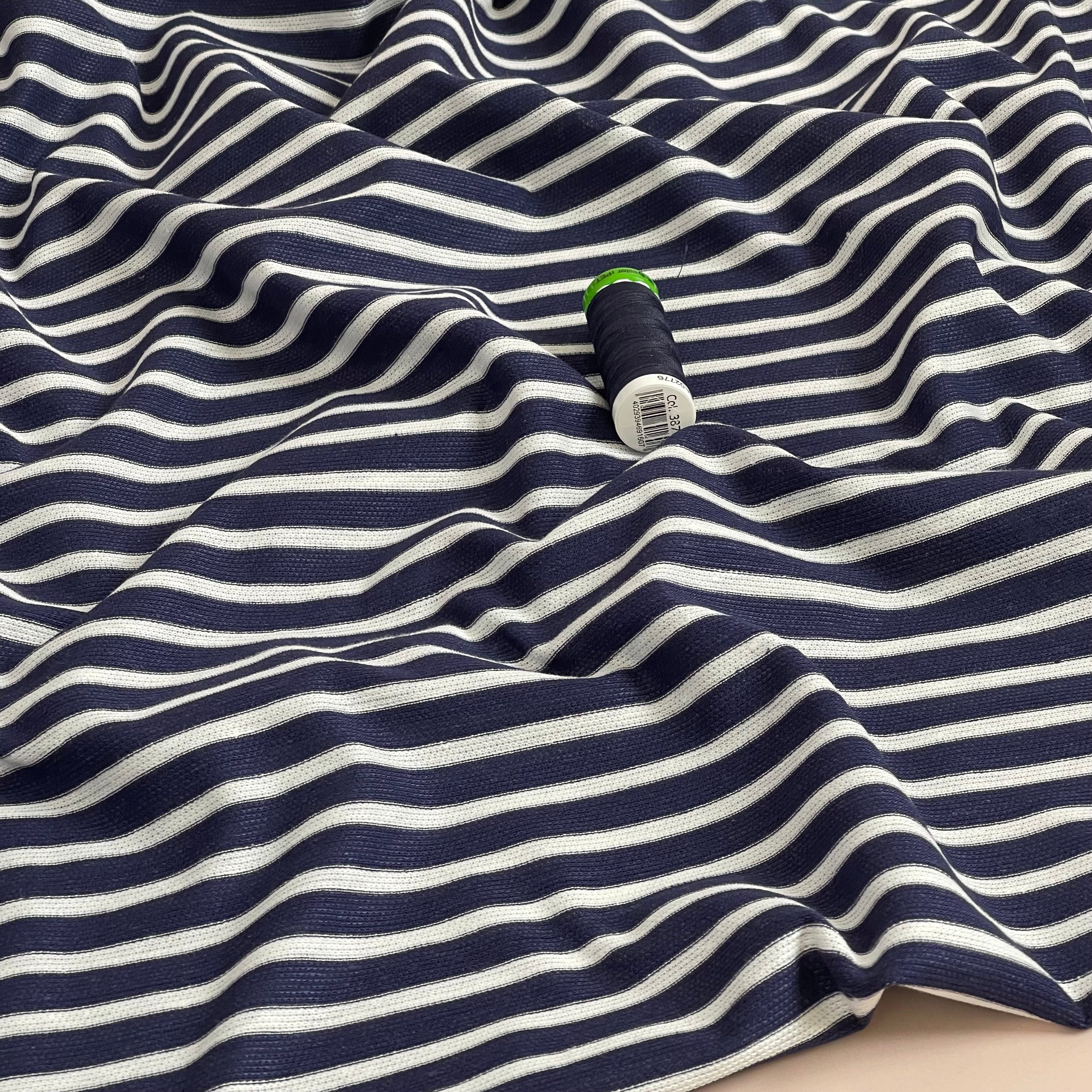 Ex-Designer Deadstock - Italian Linen Cotton blend jersey in Navy & White Stripes