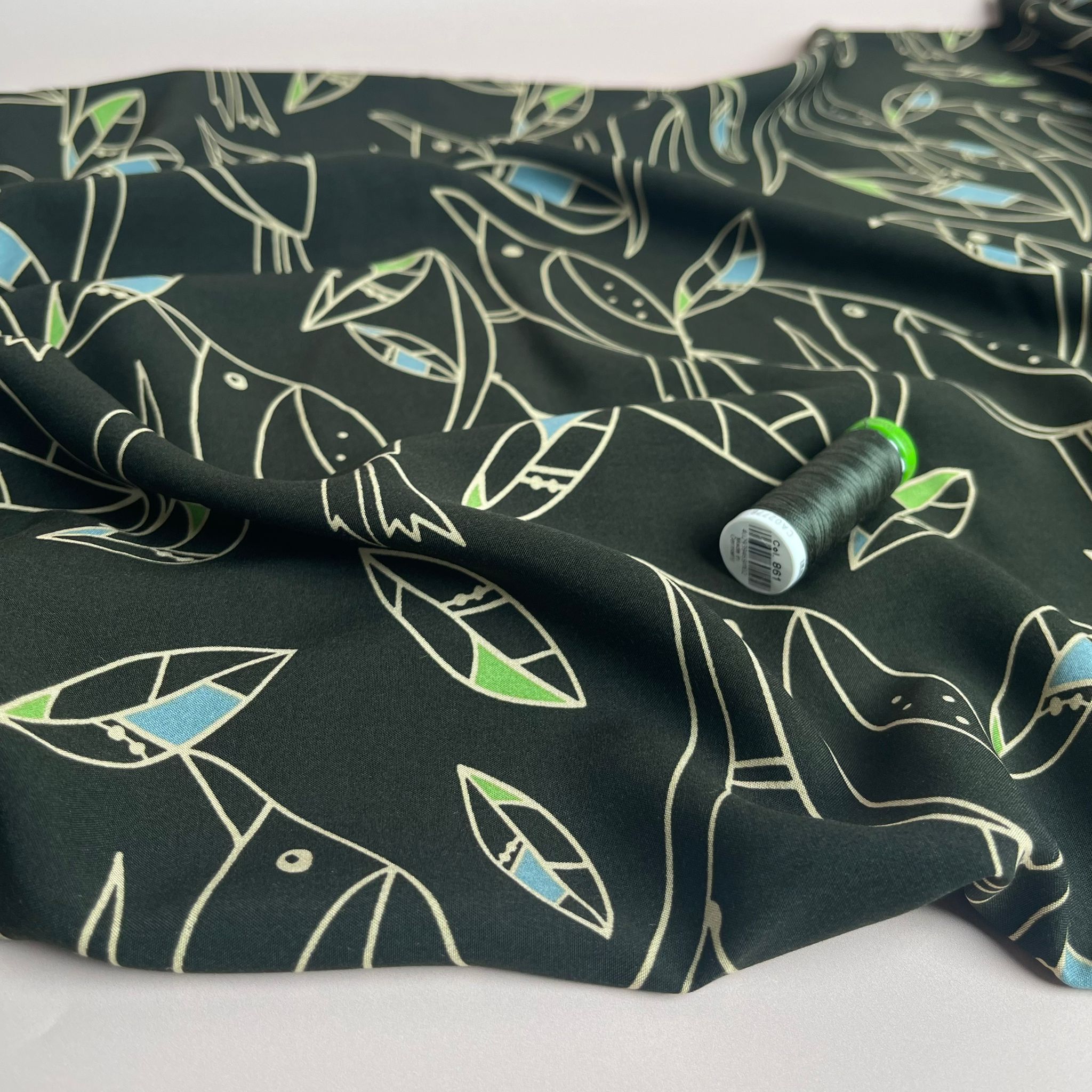 Graphic Birds Blue and Green on Dark Olive Green Viscose Poplin Fabric