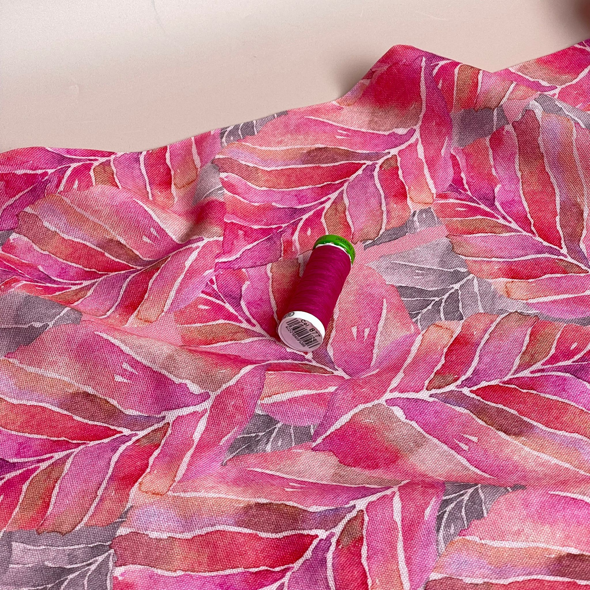 REMNANT 0.46 Metre (plus extra few cms with a hole) Fuchsia Leaves Viscose Linen Fabric