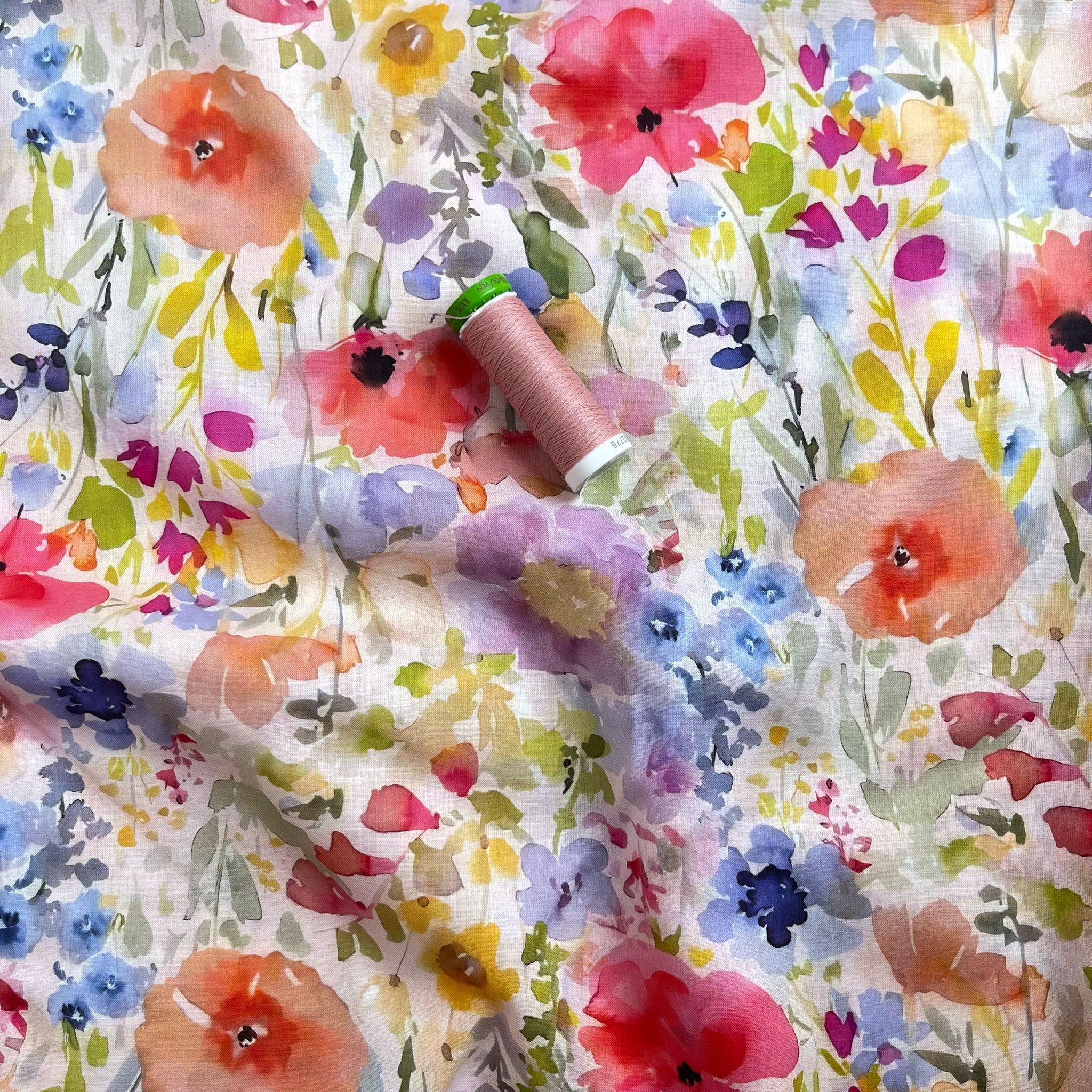 REMNANT 2.8 Metres - Watercolour Spring Meadow Cotton Voile Fabric